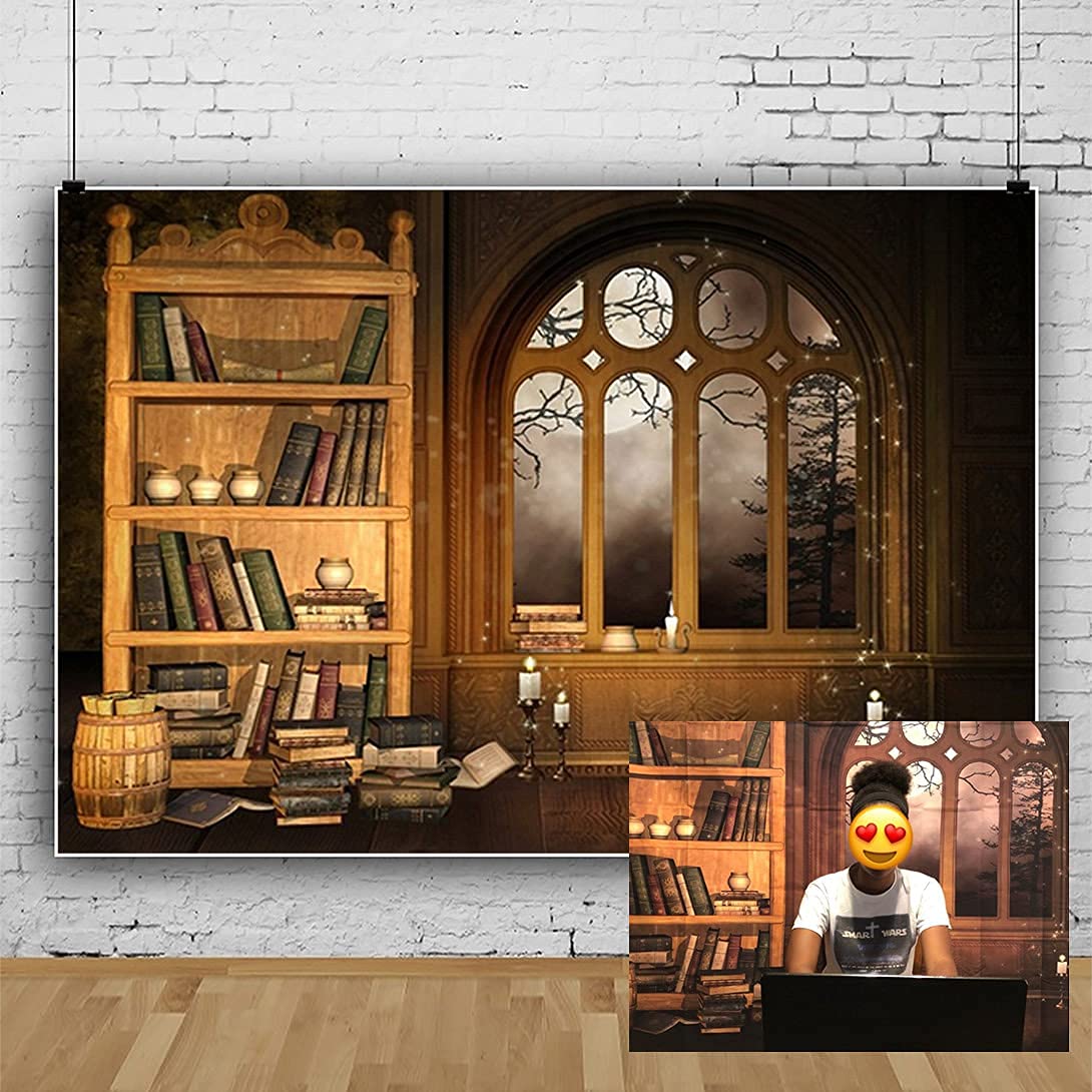 Laeacco 10x6.5ft Vintage Bookcase Photography Backdrop European Retro Library Bookshelf Study Mural Room Interior Scene Background Books Candle Window Moonnight Halloween Backdrop Photo Studio Props