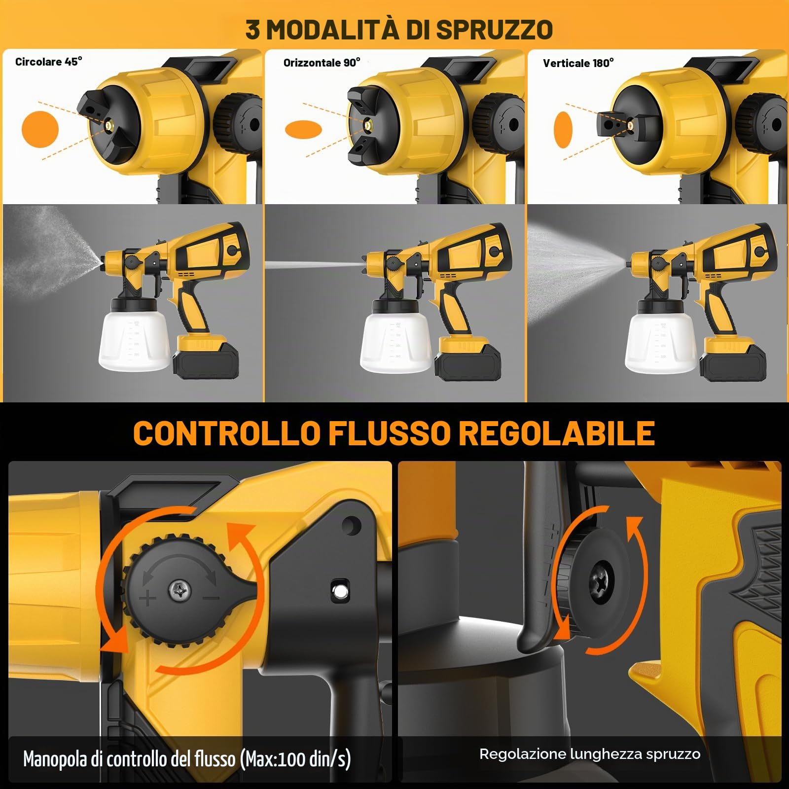 Pistola Vernice a Spruzzo, Verniciatore a Spruzzo a Batteria 2x4000mah, HVLP 650W Pistola Spruzzo Vernice con Serbatoio da 1200ML,6 Ugelli & 3 Modelli per Pareti, Mobili, Interni ed Esterni (Giallo)