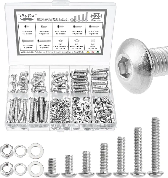 Mr. Pen- Nuts and Bolts Assortment Kit, 228 pcs, Stainless Steel | M5 Screws (7 Sizes 8-30mm)Button Head Socket Cap Screws Assorted Nuts and Bolts Nut Bolt and Washer Assortment Bolt and Nut A