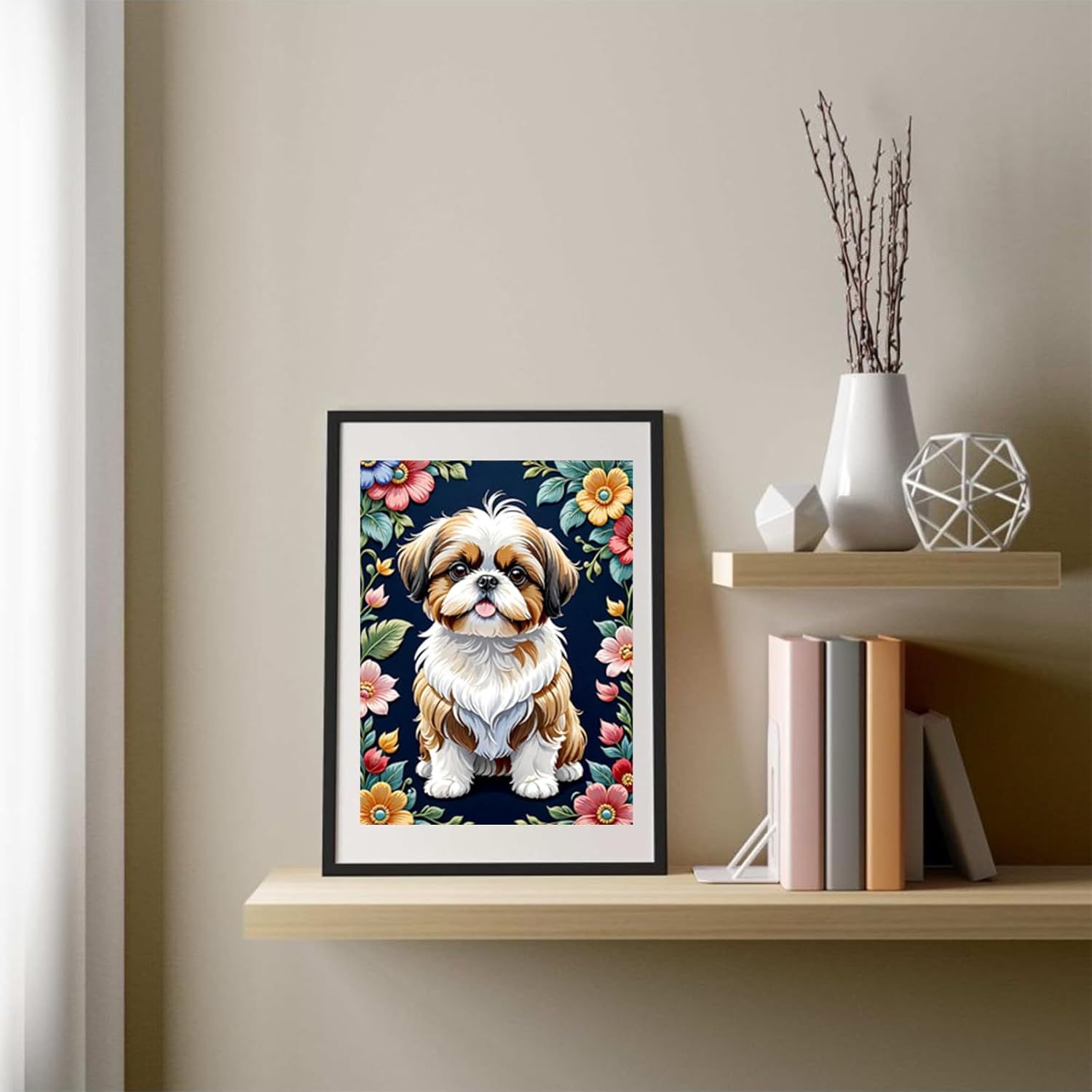 5D DIY Diamond Painting Floral Full Drill Kits for Adults Beginner Colorful Animals Diamond Art, Shih Tzu Round Diamond Painting Kits Perfect for Home Wall Decor Gifts 12x16inch