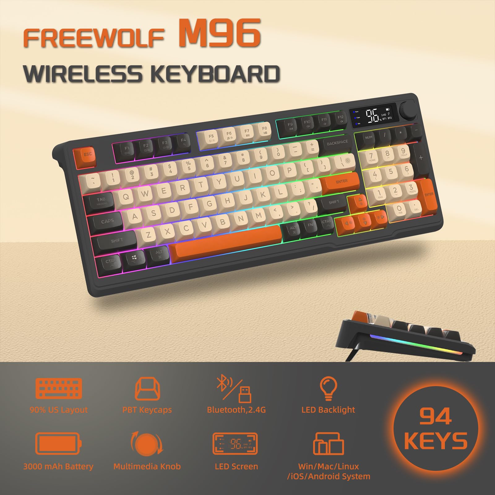FREEWOLF M96 Tastiera Da Gioco Wireless, Controllo Tramite Manopola Bluetooth/Tastiera Wireless 2.4G, Retroilluminazione a LED RGB con Schermo, Copritasto PBT, 3000mAh, Layout USA QWERTY - Luccichio