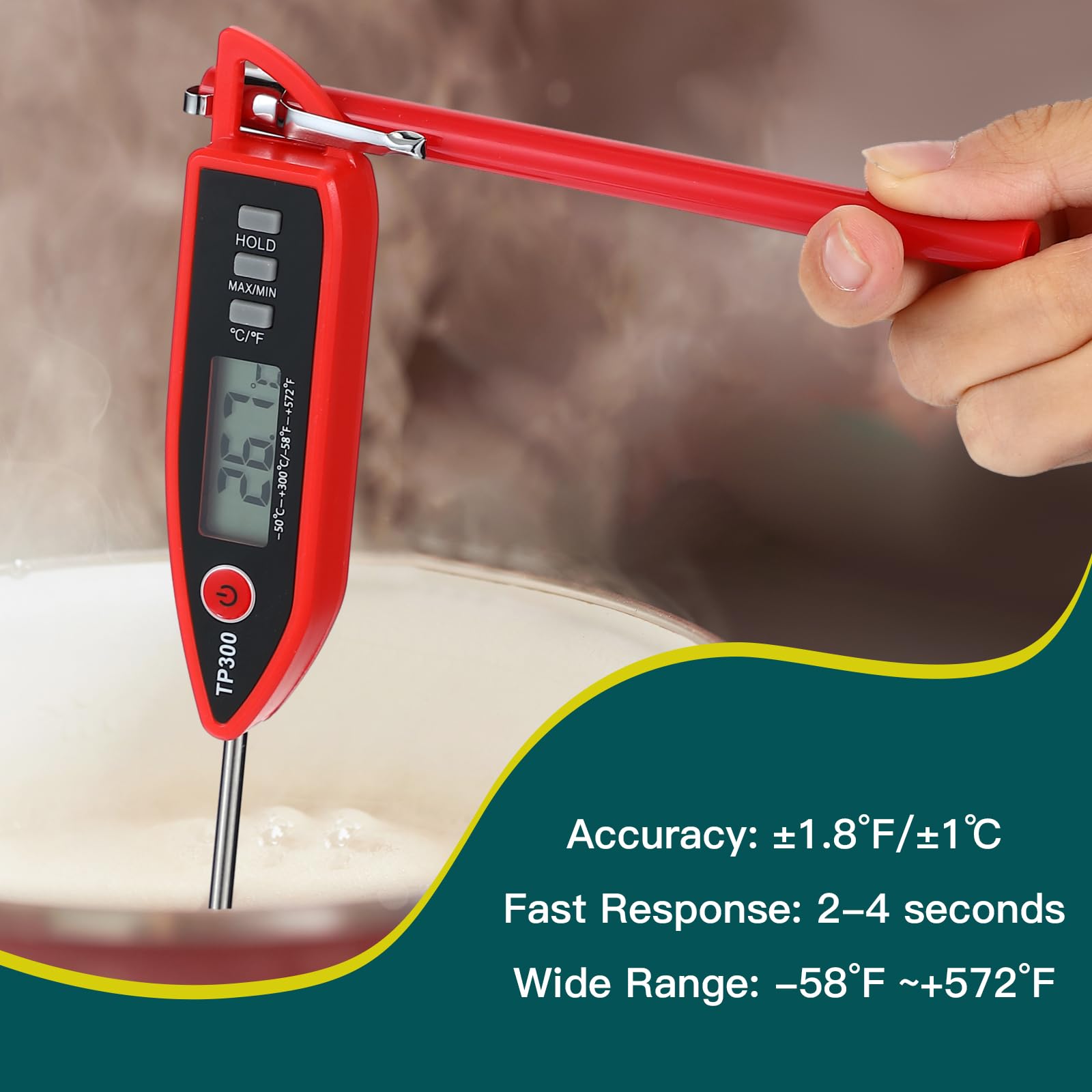 Copkim Termometro digitale impermeabile per acqua, liquidi, candele e carne, con sonda lunga, lettura istantanea, per cucina, barbecue, grill e caramelle (rosso)