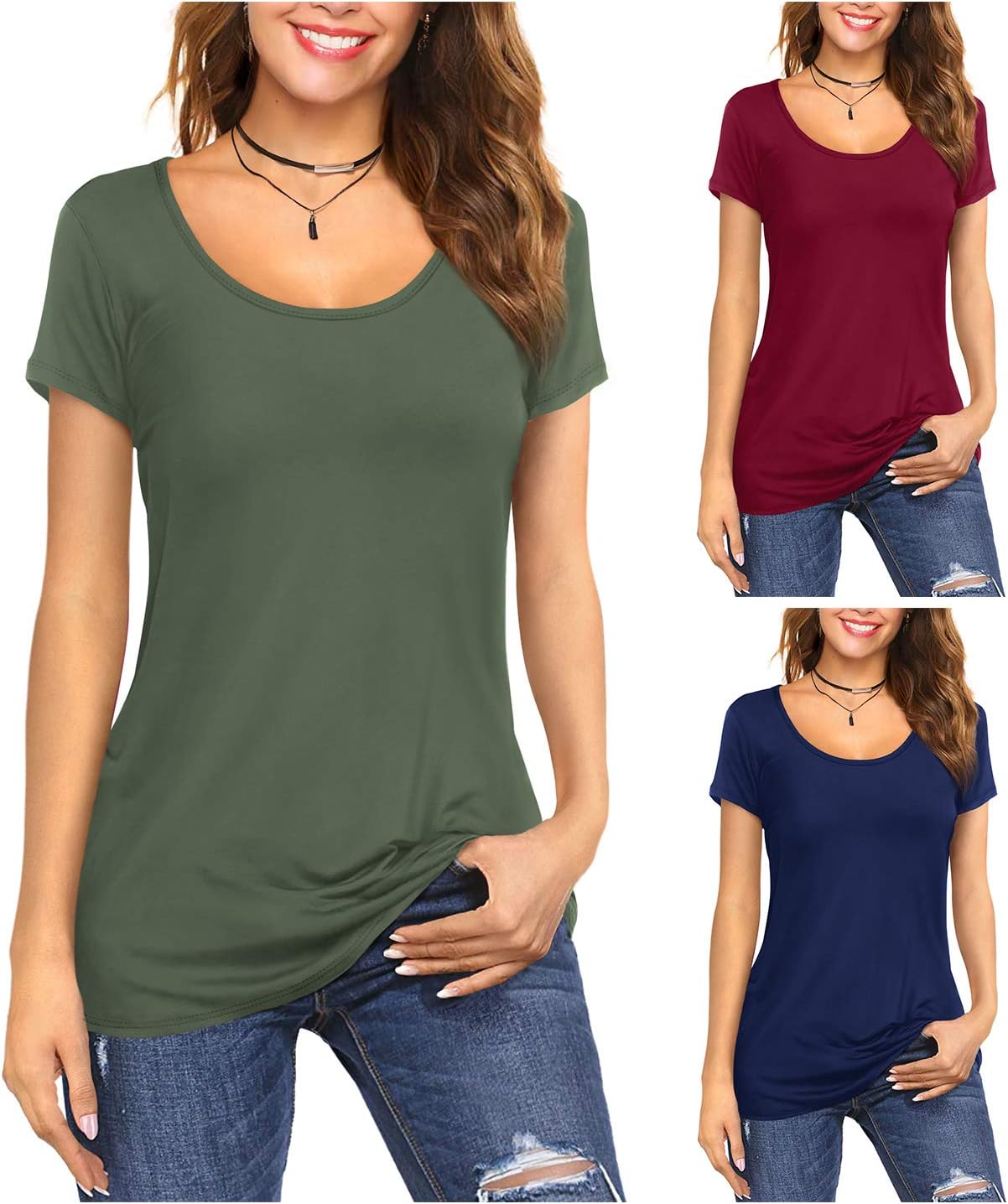 Amoretu Women's Scoop Neck Short Sleeve Tees Cotton T Shirts Blouses Tops
