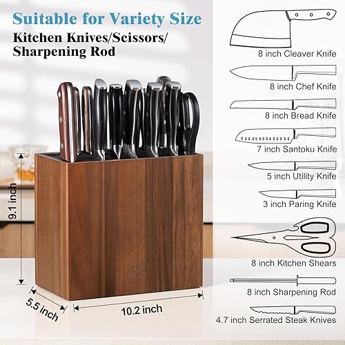Miniatura 4 de ENOKING Soporte universal para cuchillos con tapa de plástico, bloque de cuchillos de madera de acacia sin cuchillos para tijeras, barra de afilar y