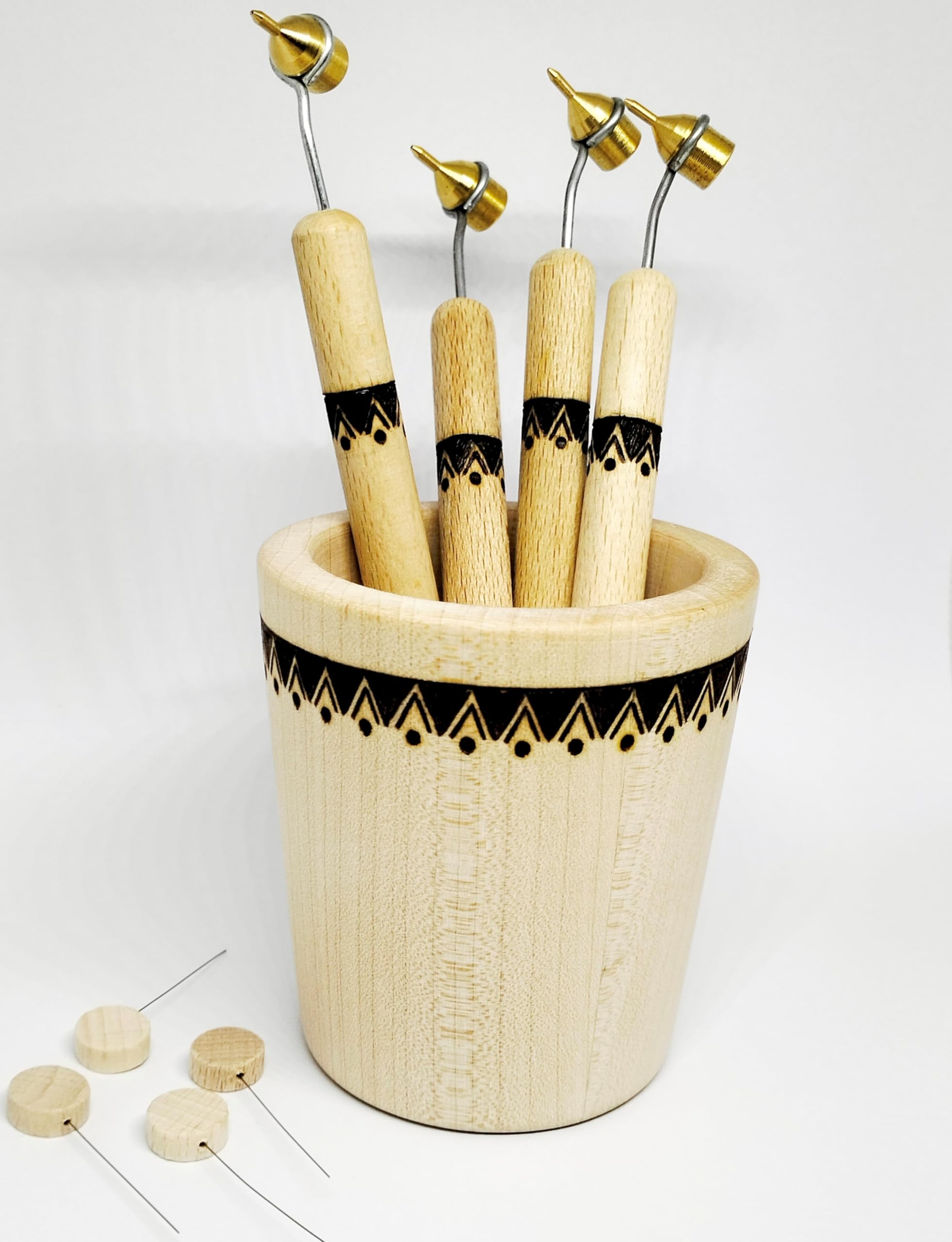 Kistky set in a wooden cup holder, Pysanky supplies, Ukrainian egg tools, Easter egg decorating kit