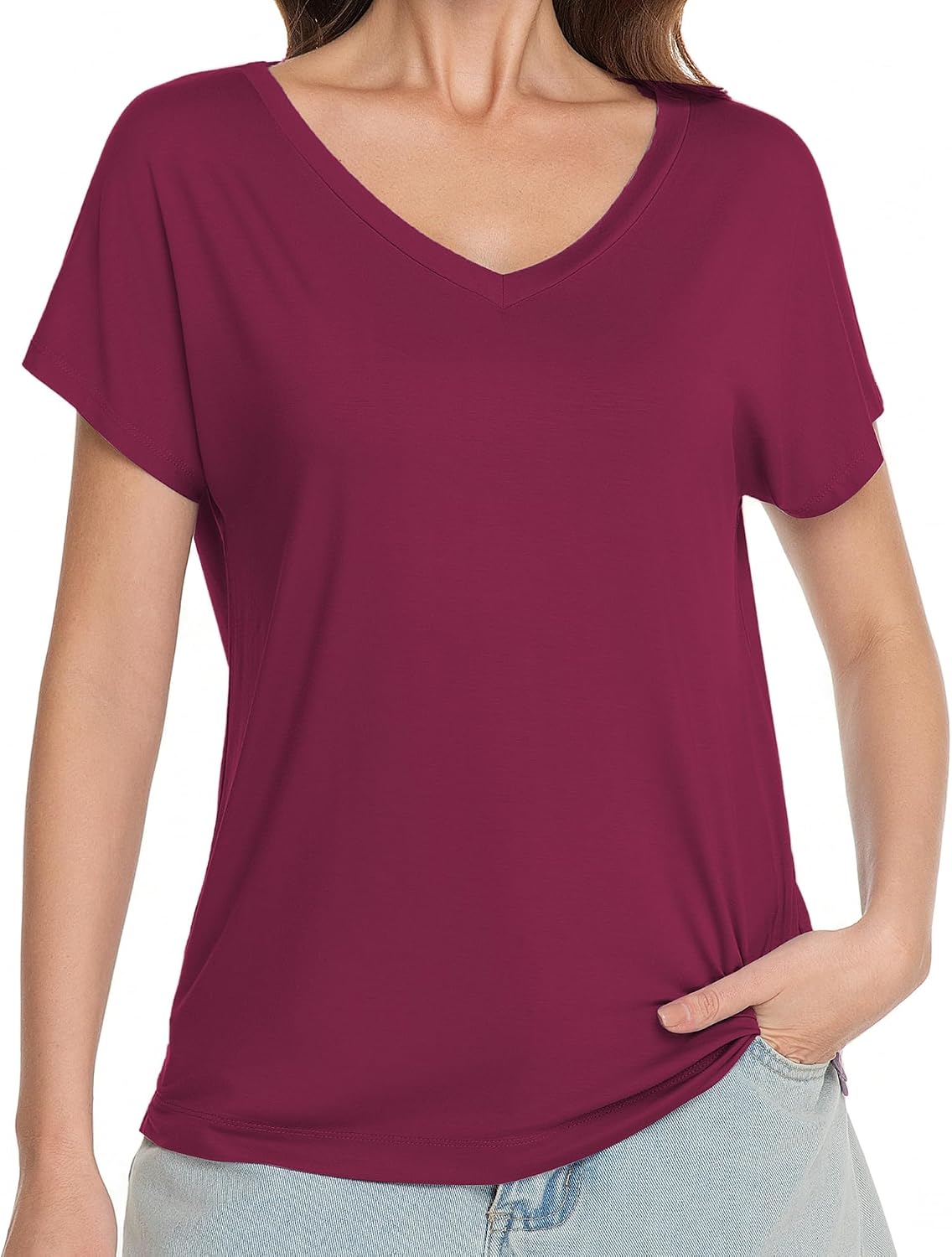 WiWi Bamboo Viscose Shirts for Women, Super Soft Short Sleeve Sleep Pajama Tops, Cooling Satin V Neck Summer Lounge Wear