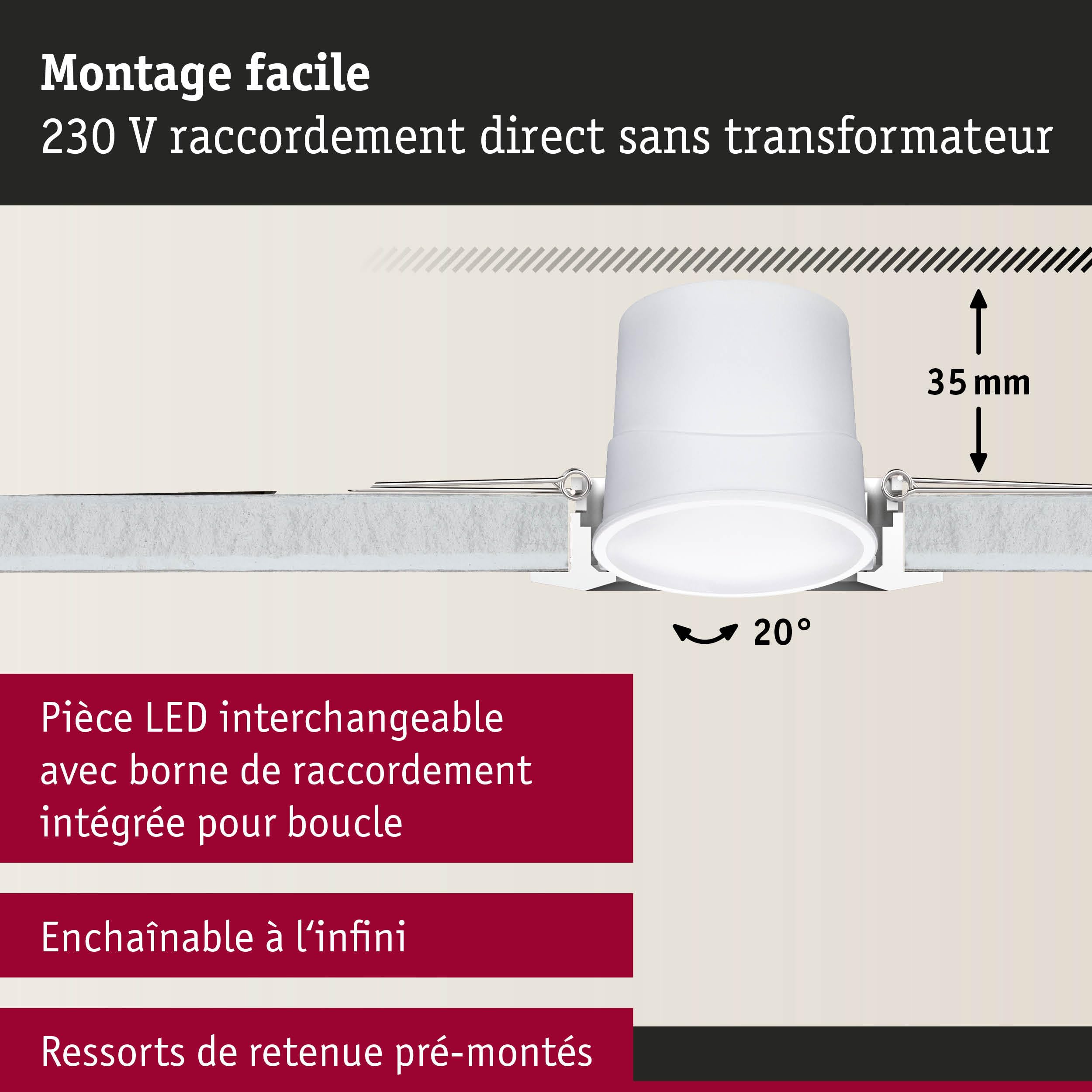 Paulmann 92466 Spot encastré LED Base Smart Home Zigbee kit de base orientable rond 230V 3x4,9W 3x420lm gradable 90 mm Blanc Métal RGBW+