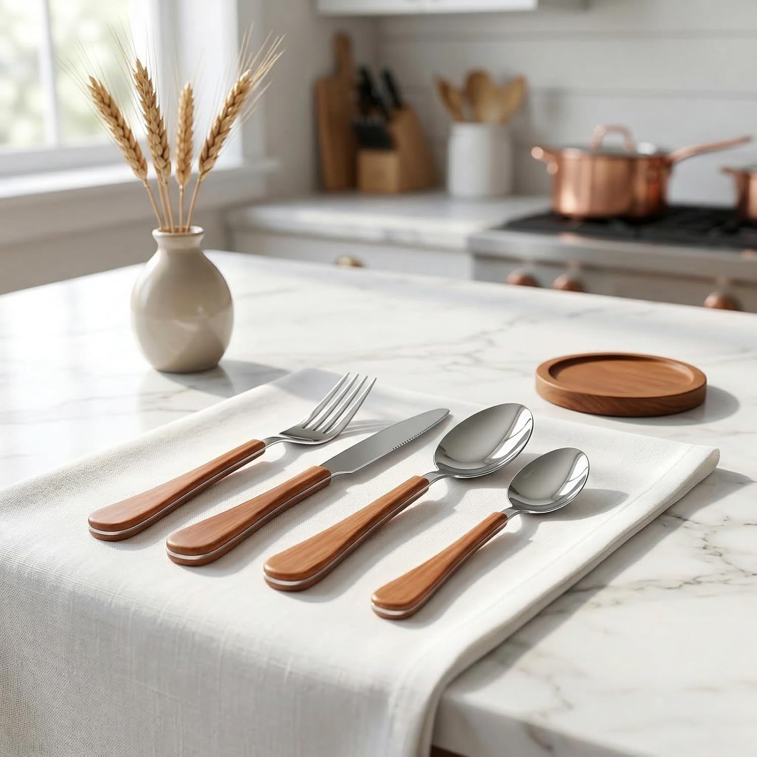 Silverware Set for 4, 16-Piece Stainless Steel Flatware with Ergonomic Wood-Grain Handles, Heat-Resistant & Mirror Polished, Dishwasher Safe Cutlery Set for Home & Restaurant