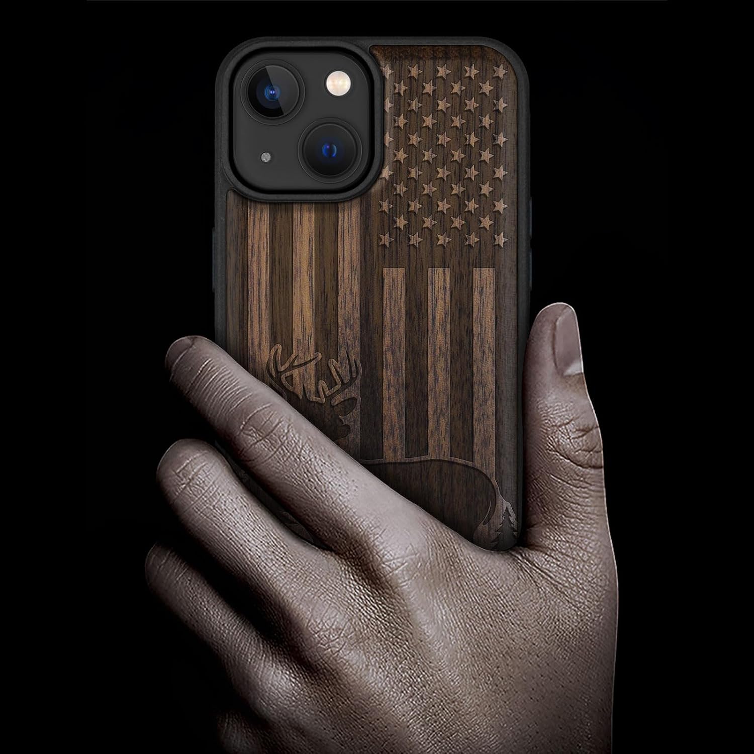 Carveit Magnetic Wood Case for iPhone 14 Case [Natural Wood & Black Soft TPU] Unique & Classy Wooden Shockproof Protective Cover Compatible with magsafe (Patriotic Deer Silhouette -Walnut)