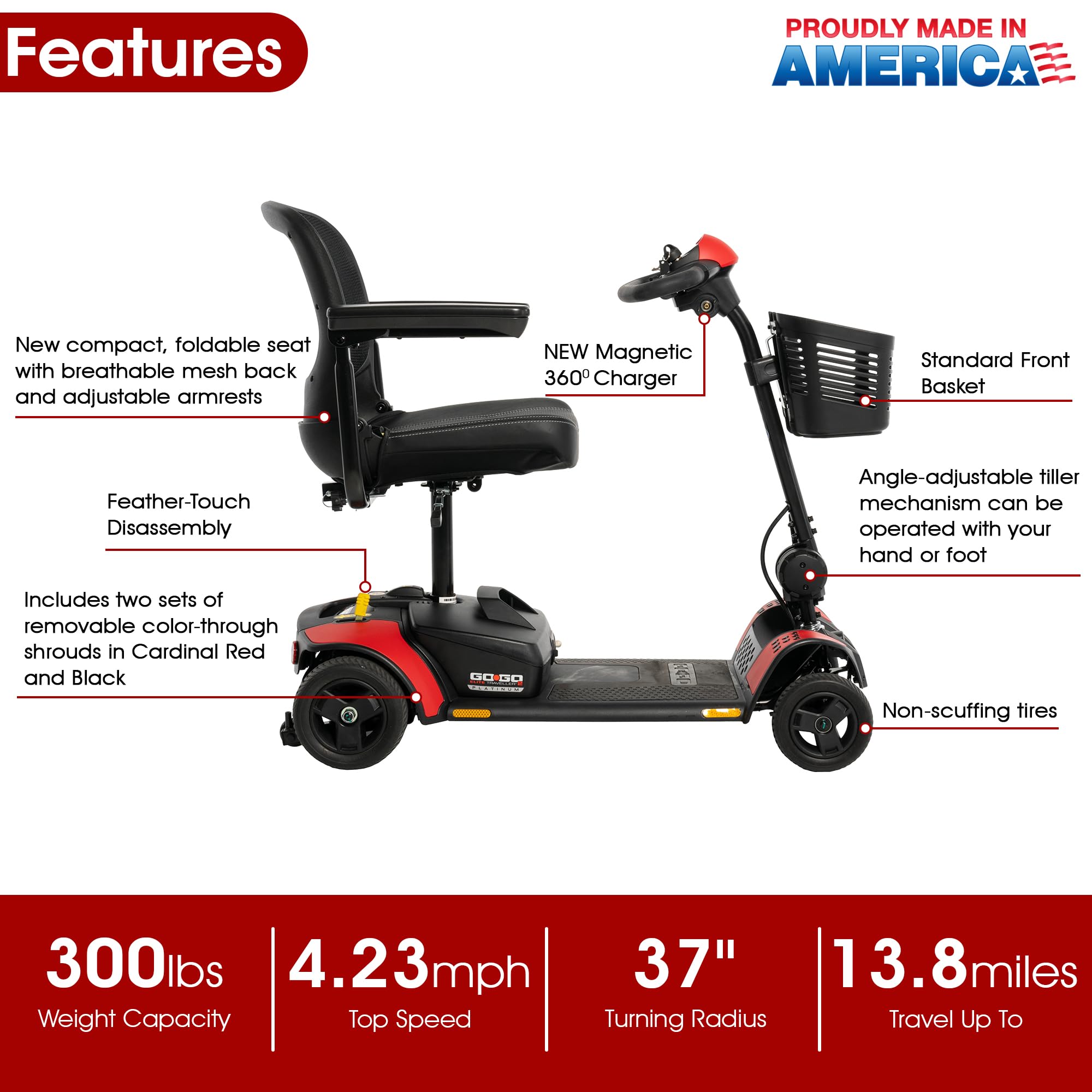 Pride Go Go Elite Traveller 2 Platinum - Patinete de movilidad + accesorios, fabricado en Estados Unidos, nueva tecnología EZ Turn Tech, capacidad de 300 libras, 4.23 MPH, rango de 13.8 millas
