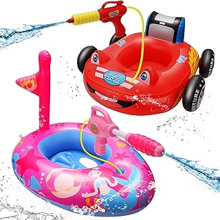 2 Pack Pool Floats Kids with Water Gun, Car and Mermaid Toddler Pool Float for Boys and Girls, Pool Toys for Kids Aged 3-8 Years, Car and Mermaid Inflatable Float for Pool, Beach, Any Summer Party