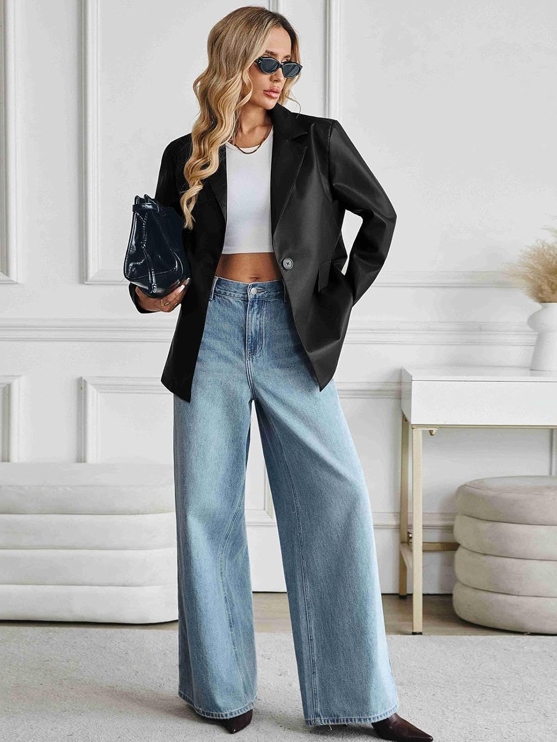 Women's Faux Leather Blazer Oversized Bomber Winter Coat Motocycle Button Down Fall Jackets with Pockets - Image 5