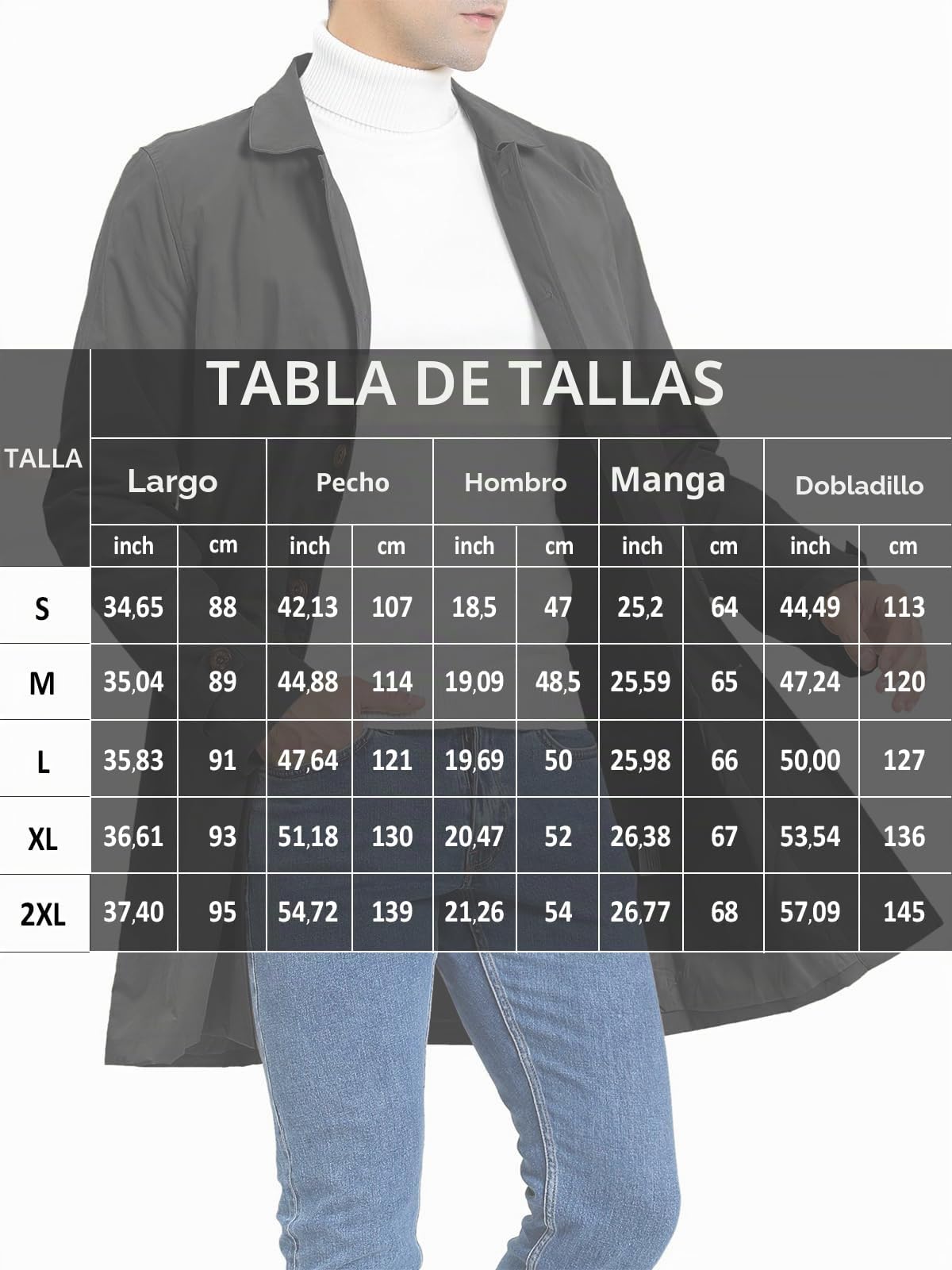 Gabardina para hombre de un solo pecho largo con solapa ligera para otoño e invierno chaqueta de entretiempo