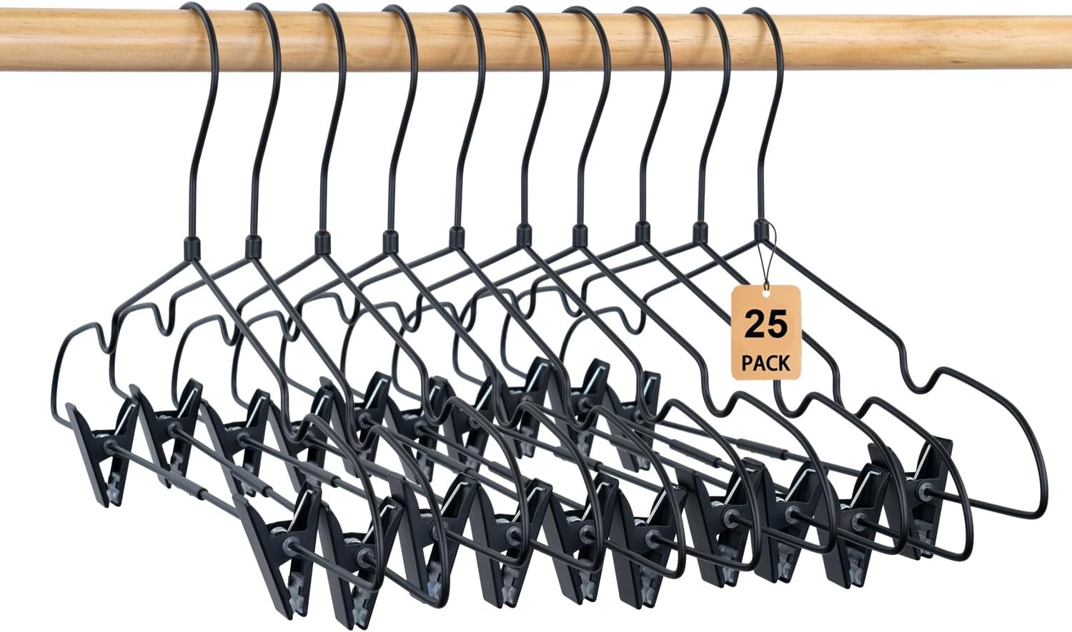 Black Metal Wire Coat Pants with Clips 16.5inch Adult Clothes Hangers,25 Pack Heavy Duty Metal Adjustable Clips Clothes Storage Hangers,360-degree Swivel Hook,Space-Saving for Pants Coat