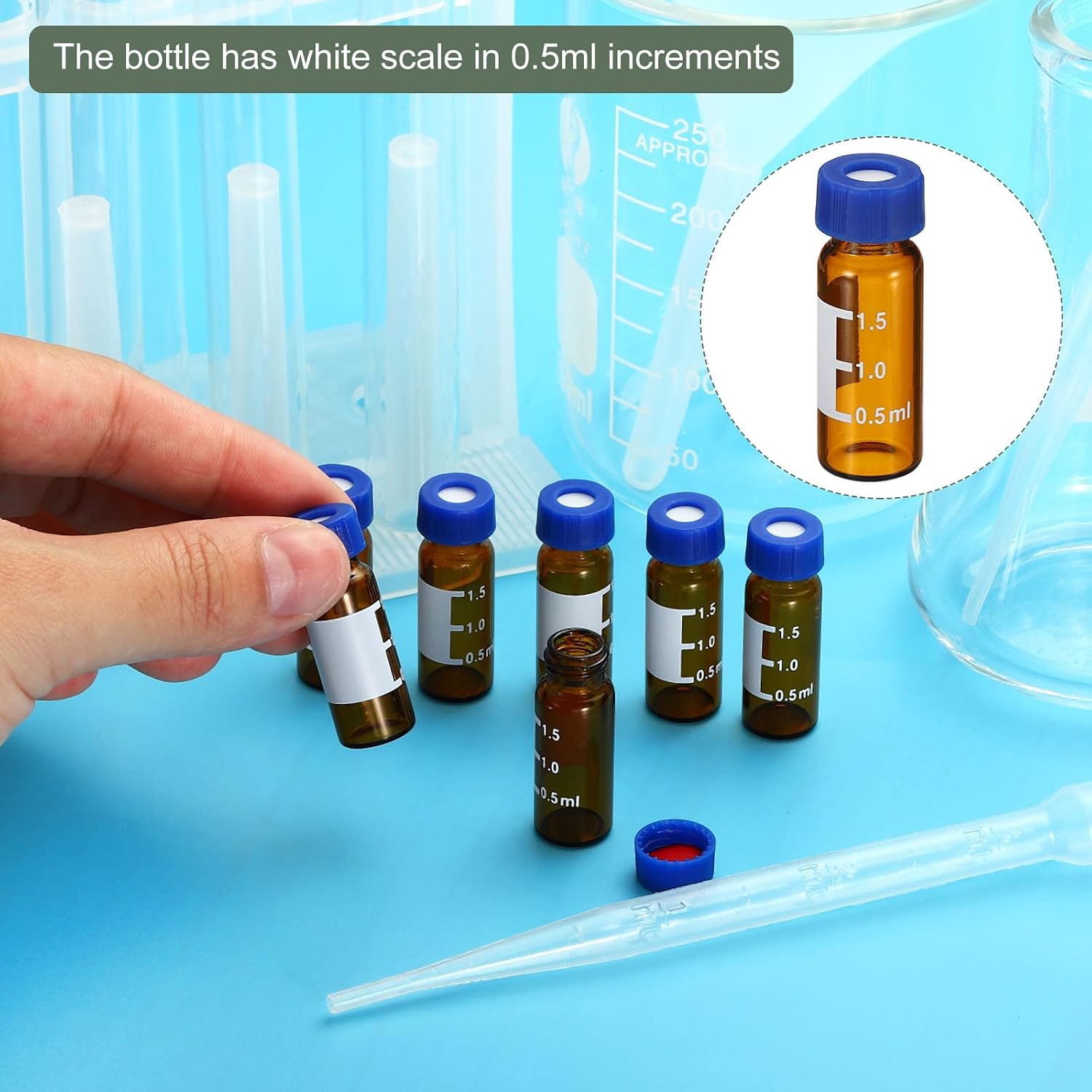 YOKIVE 1000Pcs Autosampler Vial with Writing Area and Graduations, HPLC/GC Vials 9-425 Lab, Great for LC Stamper (2ml, Amber Vials, Blue Screw Cap)