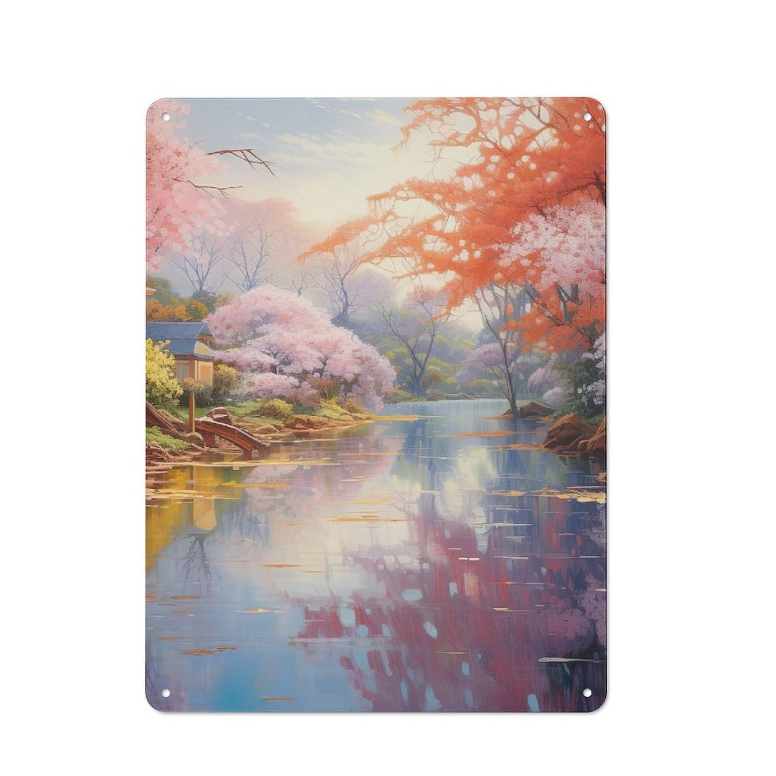 Junmoney Style-7 Vintage Tin Sign 40X30cm With Cherry Blossom Lake For Man Cave Or Games Room, For Vintage Wall Decor Fans, For Metal Sign Collectors