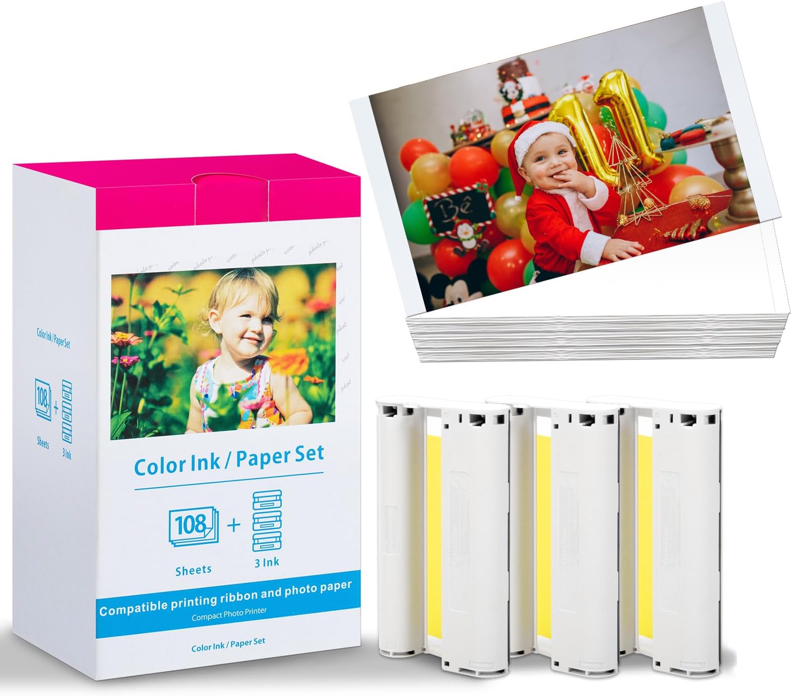 Replacement for Canon Selphy CP1300 Ink and Paper KP-108IN Photo Paper Compatible with Canon Selphy Printer CP1300 CP1200 CP1000 CP910 CP810, 3 Ink Cartridges /108 Sheets Paper (4 x 6 inch)