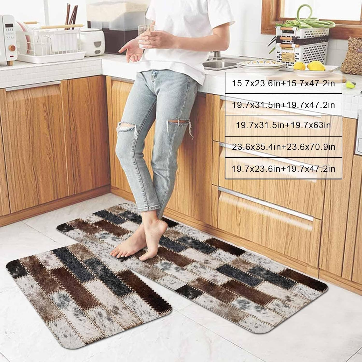 Fur Brick Kitchen Mat Set 2 Pieces Country Ethnic Abstract Grey Brown Animal Fur Style Plaid Non Slip Kitchen Rugs Washable Runner Rug Mats for Floor Sink Laundry Office 19.7" x 31.5"+19.7" x 63"