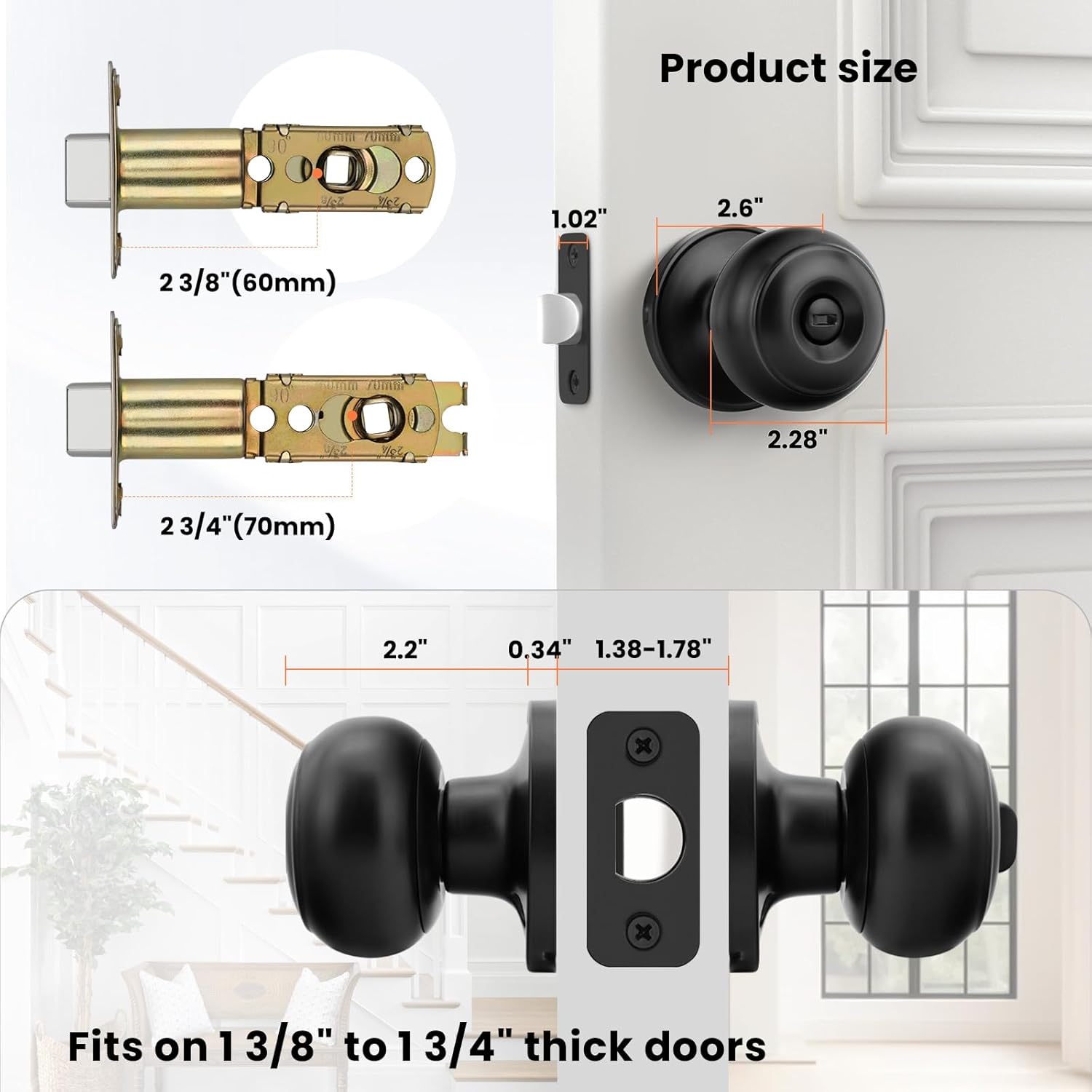 Haidms Black Door Knobs Interior, Privacy Door Knob for Bedroom, Classic Matte Black Interior Door Knobs Round Bathroom Door Hardware(6 Pack)