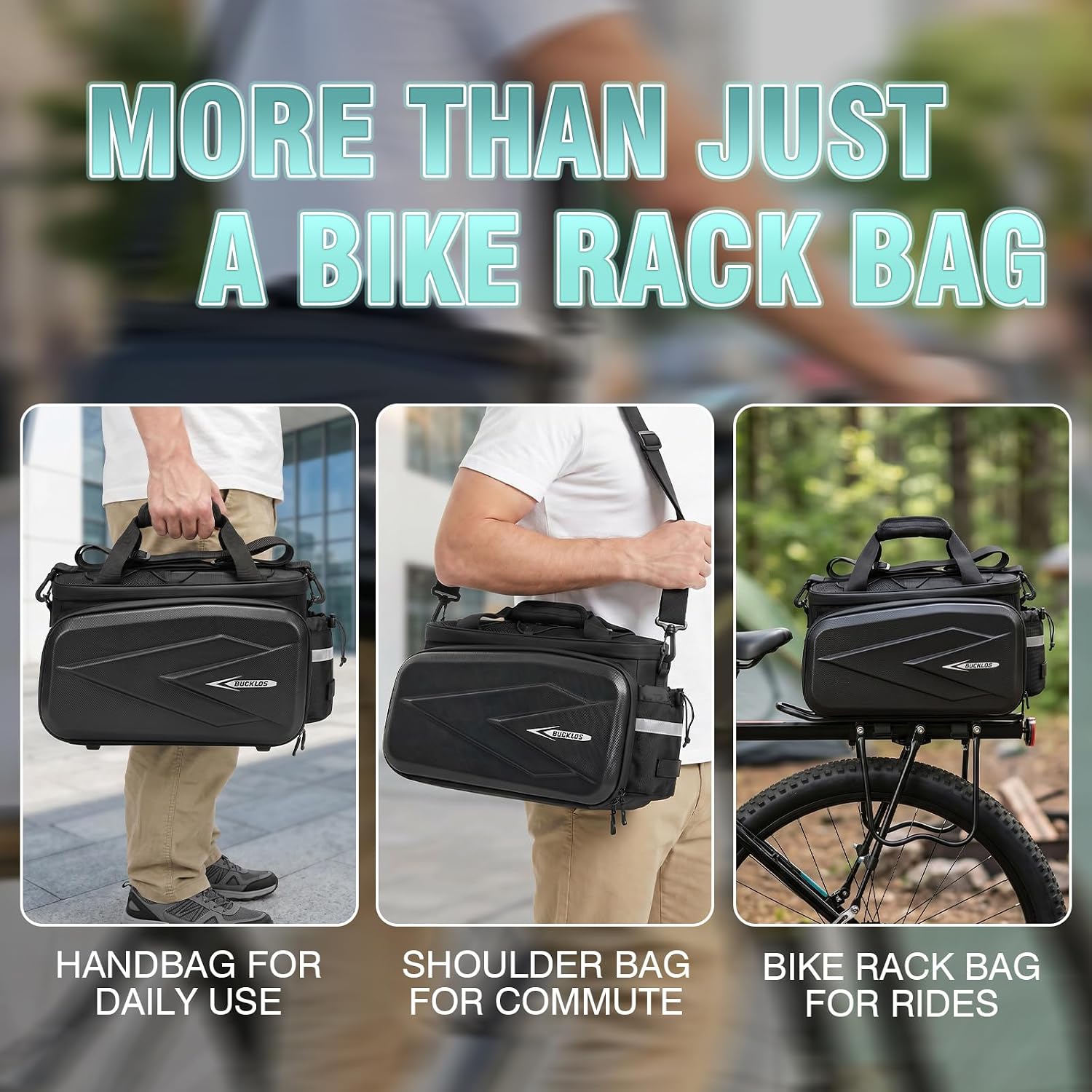 BUCKLOS Bike Rack Bag, 19L Hard Shell Waterproof Bicycle Trunk Pannier, PU+EVA+Jacquard Nylon Ebike Rear Saddle Bag with Reflector, Rain Cover & Shoulder Strap for Commuter, Travel & Outdoor Cycling