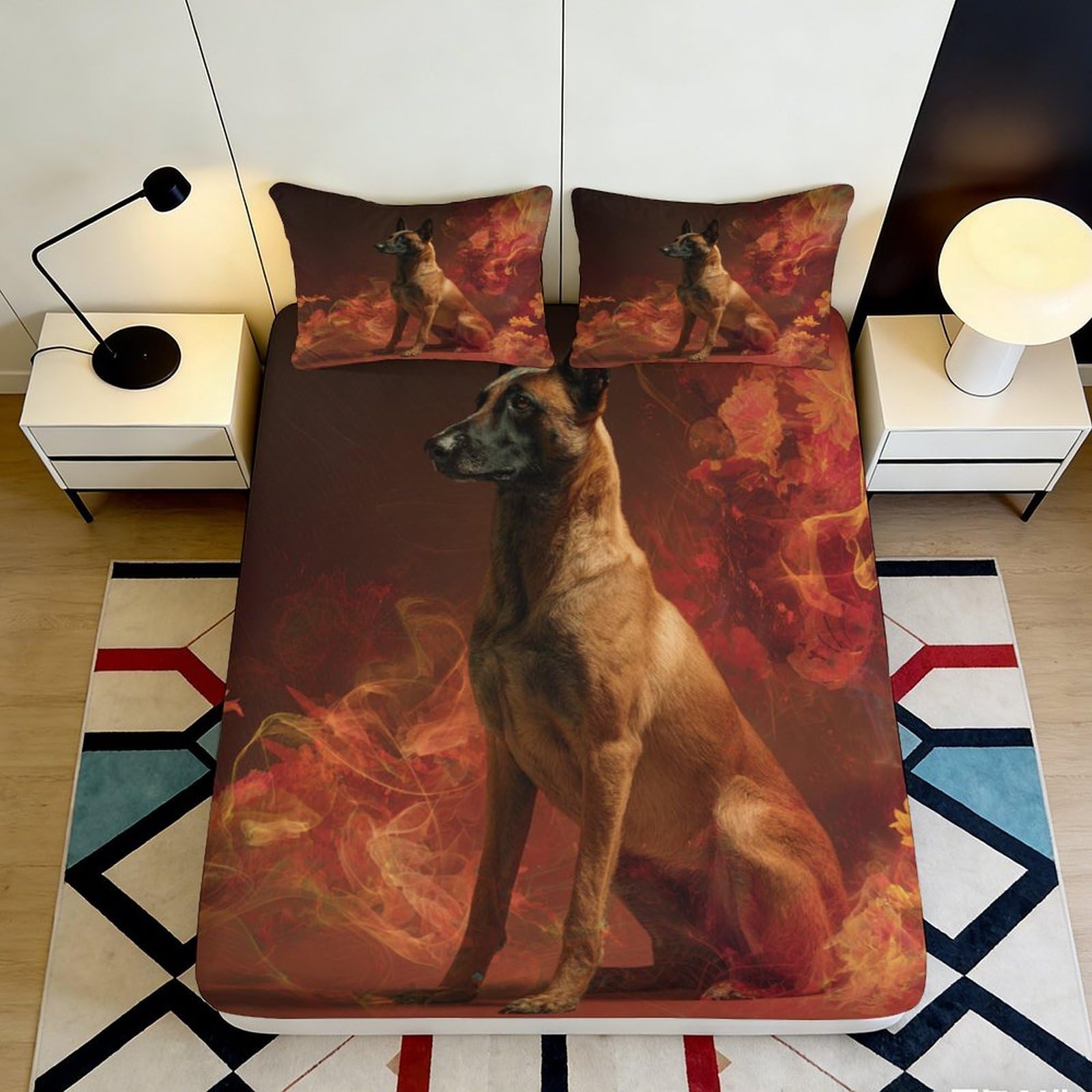 3D Printed Fire Belgian Malinois Fitted Sheet Microfiber Slip-Resistant Dog Mattress Cover for Bedroom Guest Room Decor 90x200x25cm