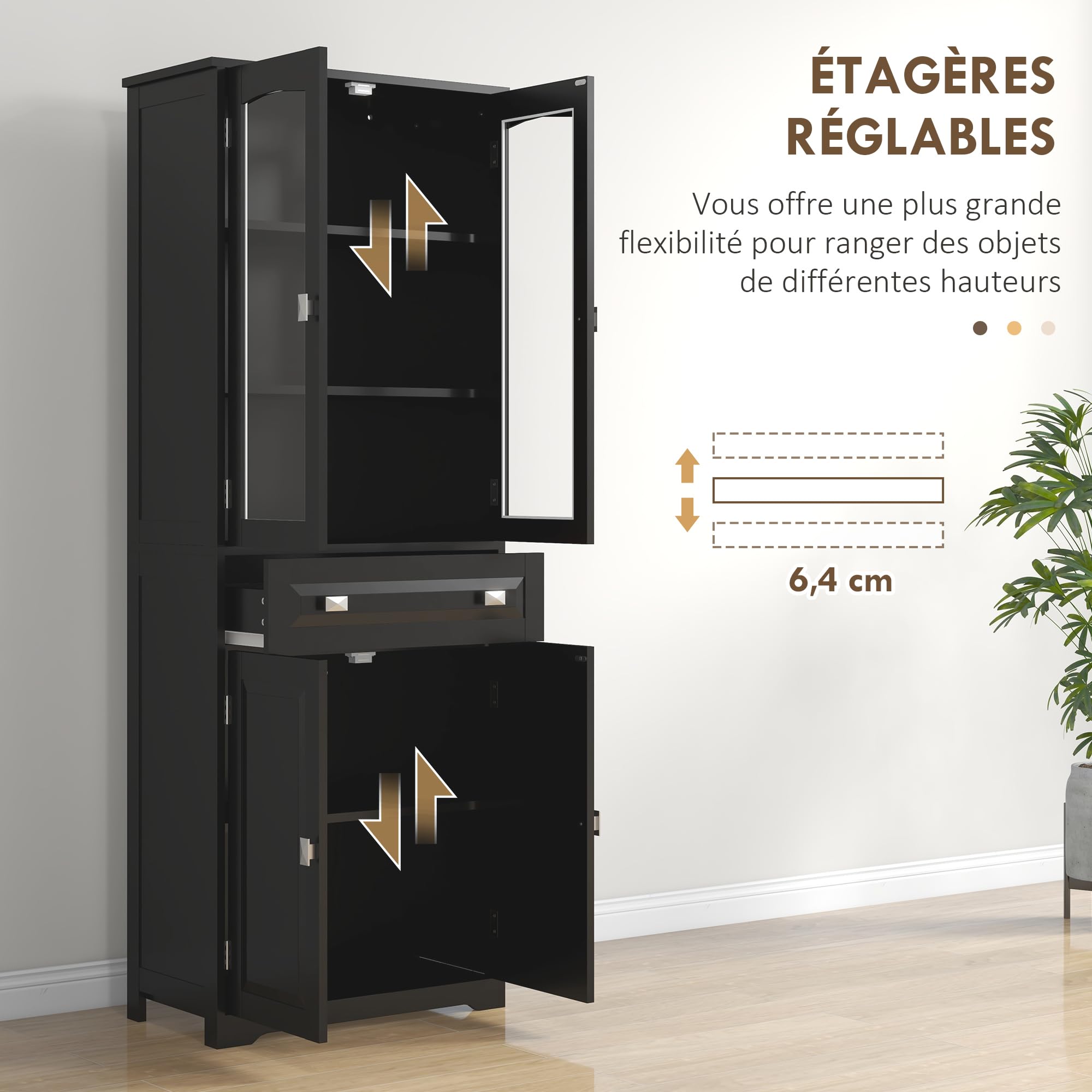 HOMCOM Armoire de Cuisine Buffet Haut 160 cm Noir | 4 Portes dont 2 Portes Vitrées, 1 Tiroir, Étagères Réglables