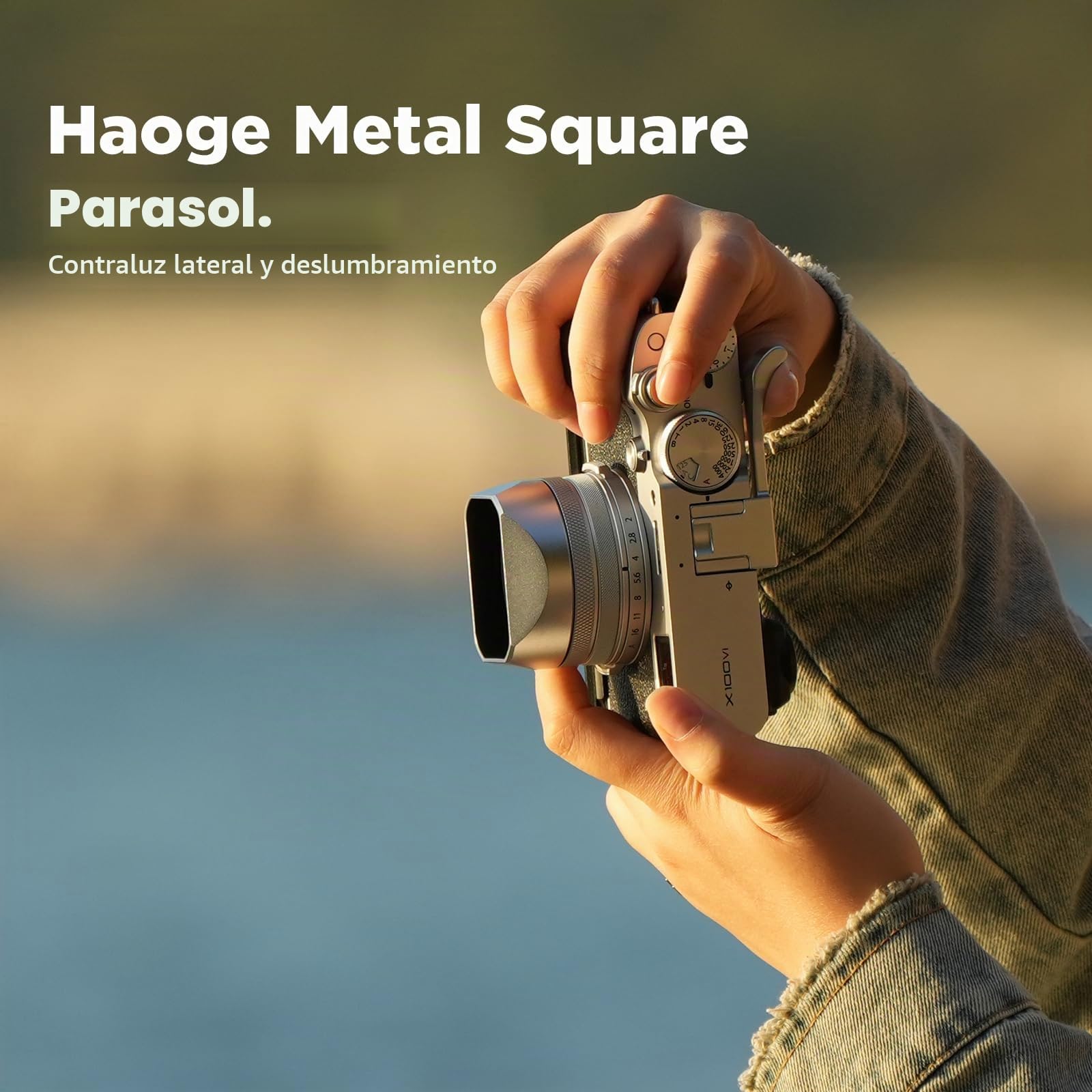 Haoge LH-X54W - Parasol cuadrado de metal con anillo adaptador de 49 mm para cámara Fujifilm X100VI Fuji X100V, color plateado