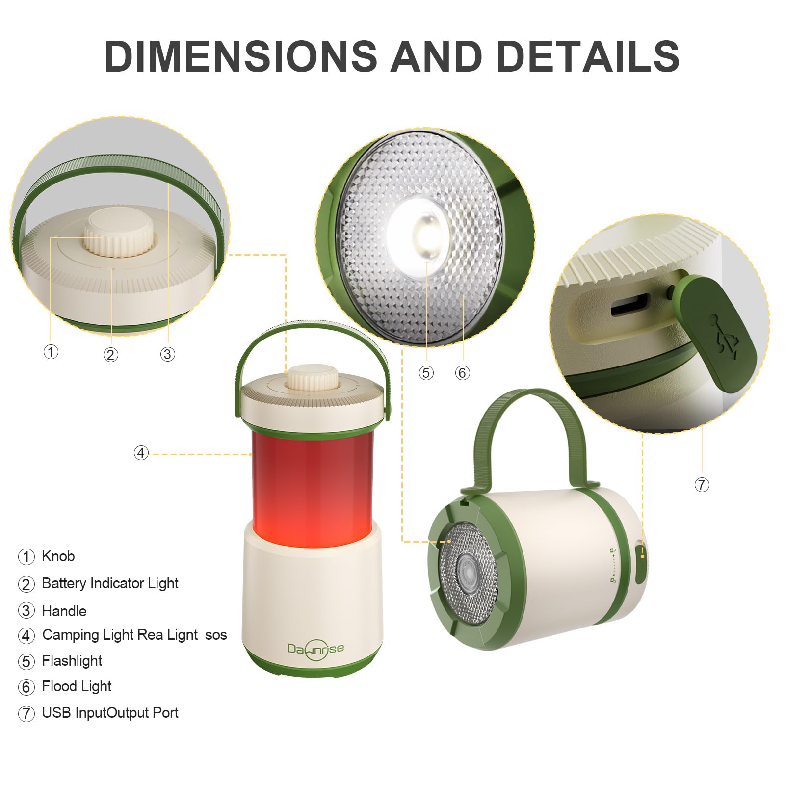 Dawnrise 2 faroles LED recargables para camping, luz 5 en 1 con 750 lúmenes, linterna portátil con luz roja, luz de emergencia IPX4 para huracán, cortes de energía, hogar, senderismo
