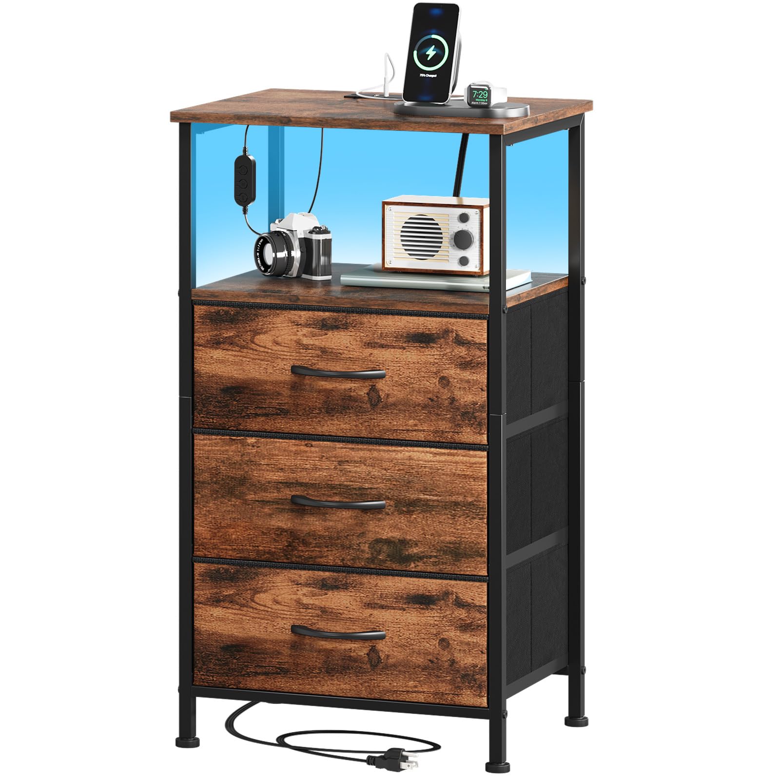 Somdot Tall Nightstand with Charging Station and LED Light for Bedroom, 3 Drawers Dresser with Fabric Bins for Bedside Kids Dorm Room Closet Laundry