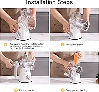 Vista 8 de Rallador Giratorio de Queso con Manivela Manual, Mandolina de Cocina Rallador de Verduras y Queso con 3 Cuchillas Intercambiables, Rallador