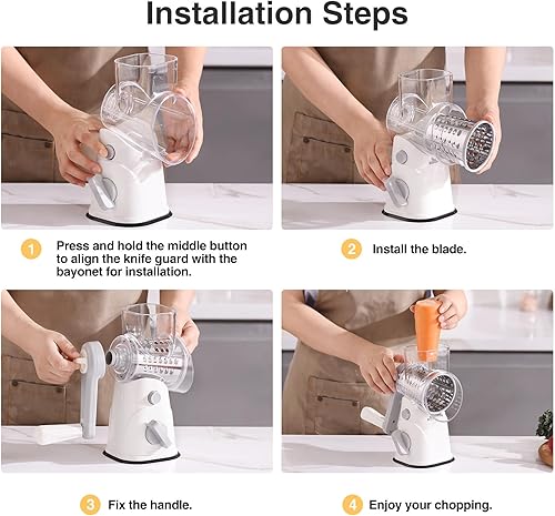 Miniatura 8 de Rallador rotativo de queso, triturador de queso vegetal mandolina de cocina con 3 cuchillas intercambiables, fácil de limpiar rotativo con mango,