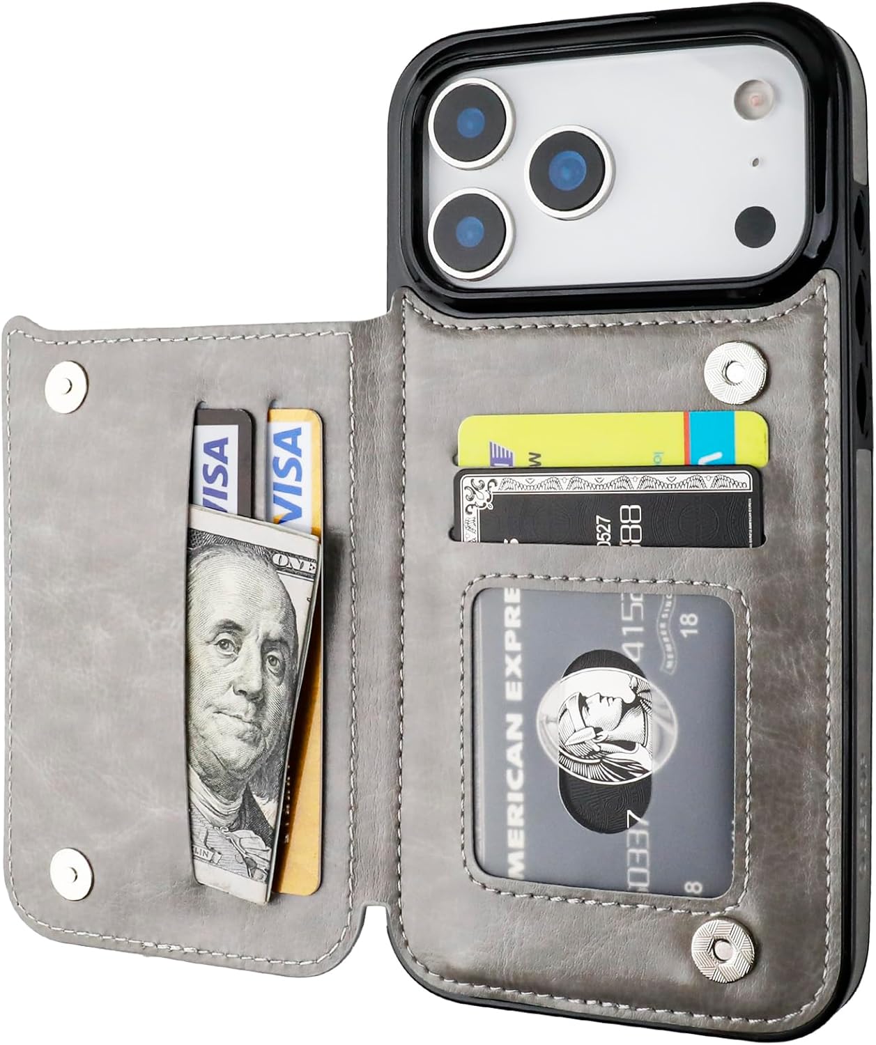 ONETOP Compatible with iPhone 17 Pro Max Wallet Case with Card Holder, PU Leather Kickstand Card Slots Case, Double Magnetic Clasp and Durable Shockproof Cover 6.9 Inch (Gray)