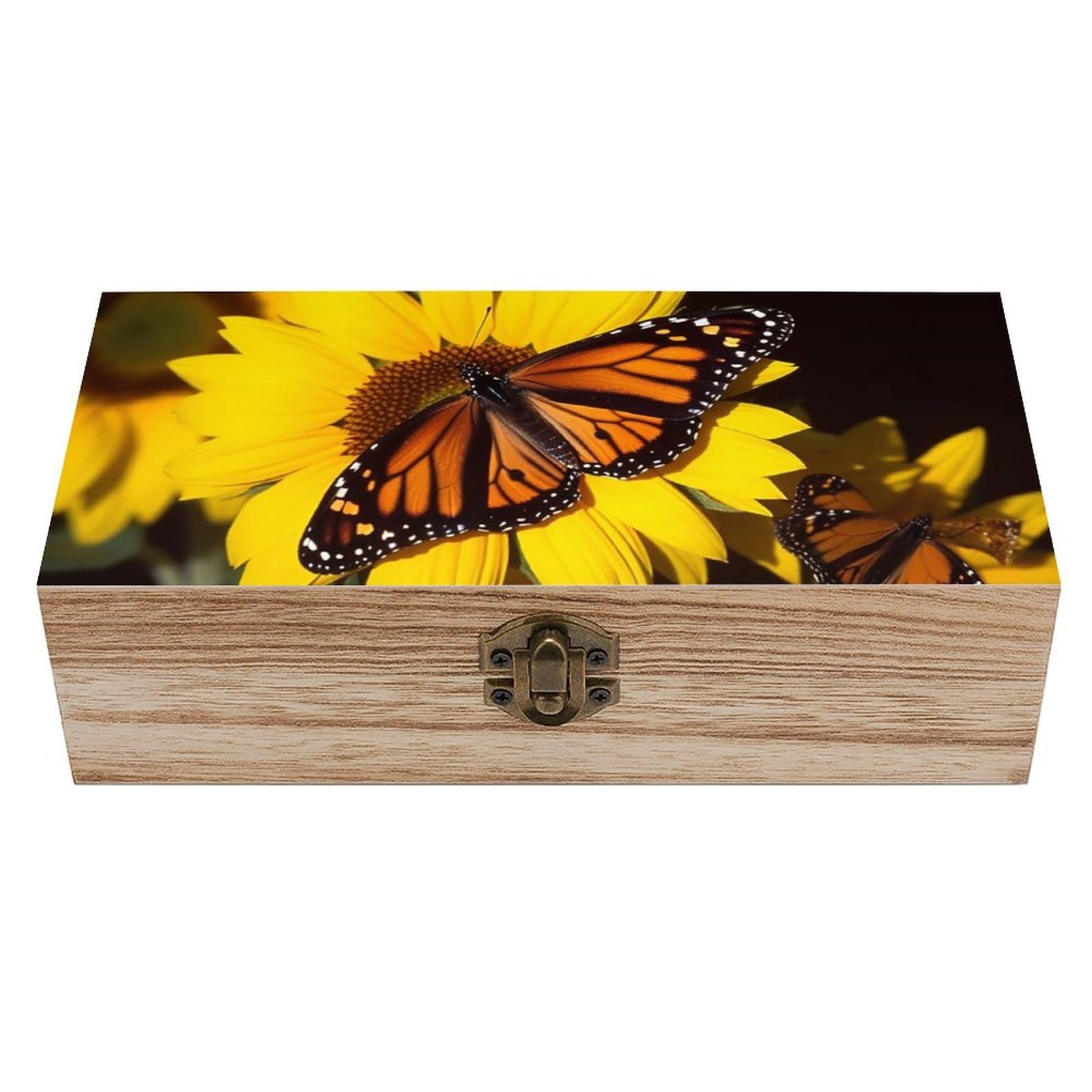 FekiLoot Butterflys with Sunflowers Wooden Keepsake Box Decorative Wood Storage Organizer with Hinged Lid Large Handmade Boxes Wedding Memory Treasure Box for Jewelry Photos Stamps Crafts