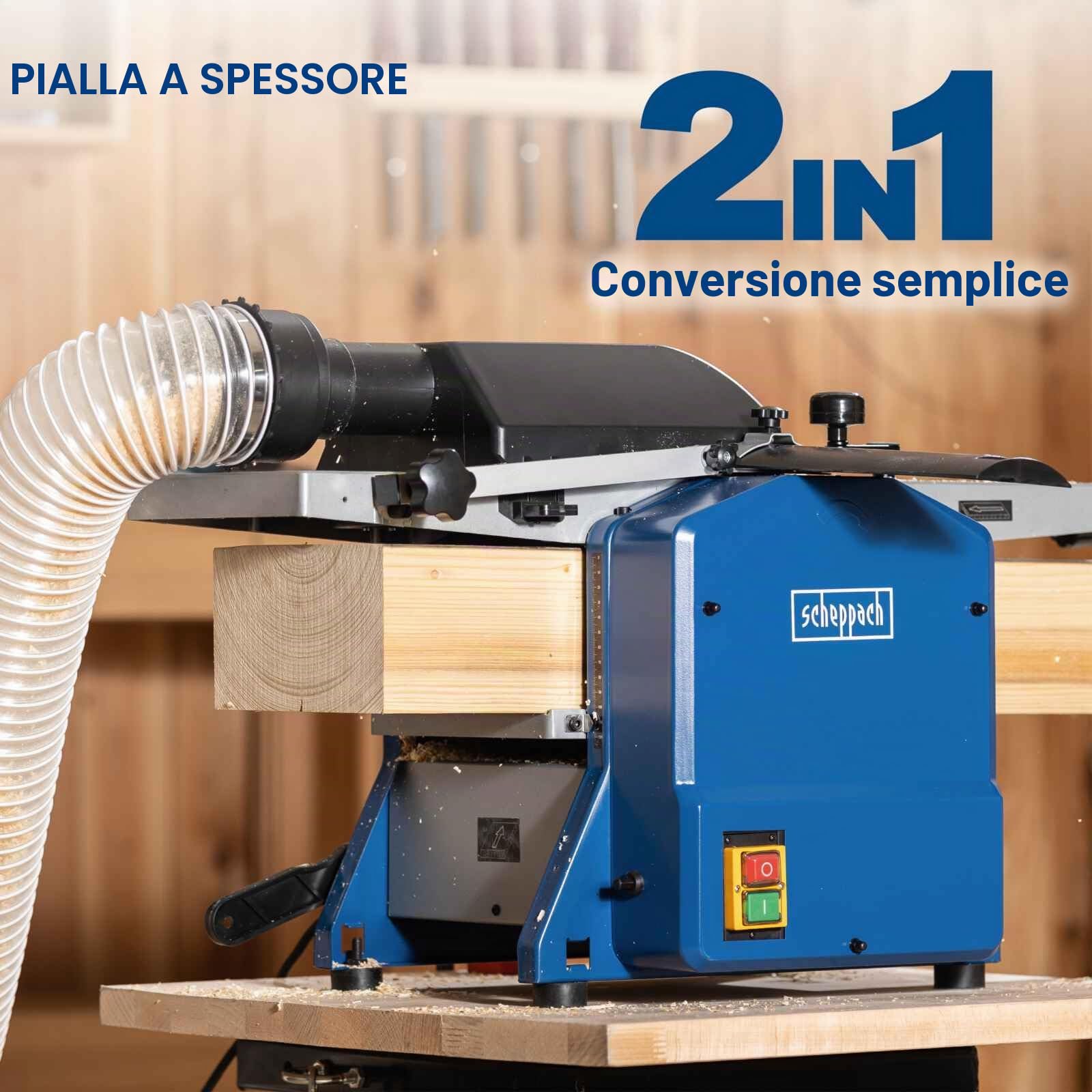 Scheppach Pialla & discarica compatta HMS850 | Potenza 1250 W | 2 ferri in acciaio rapido | Larghezza piallatura 204 mm | Altezza di passaggio 120 mm | Regime albero 8500-1min