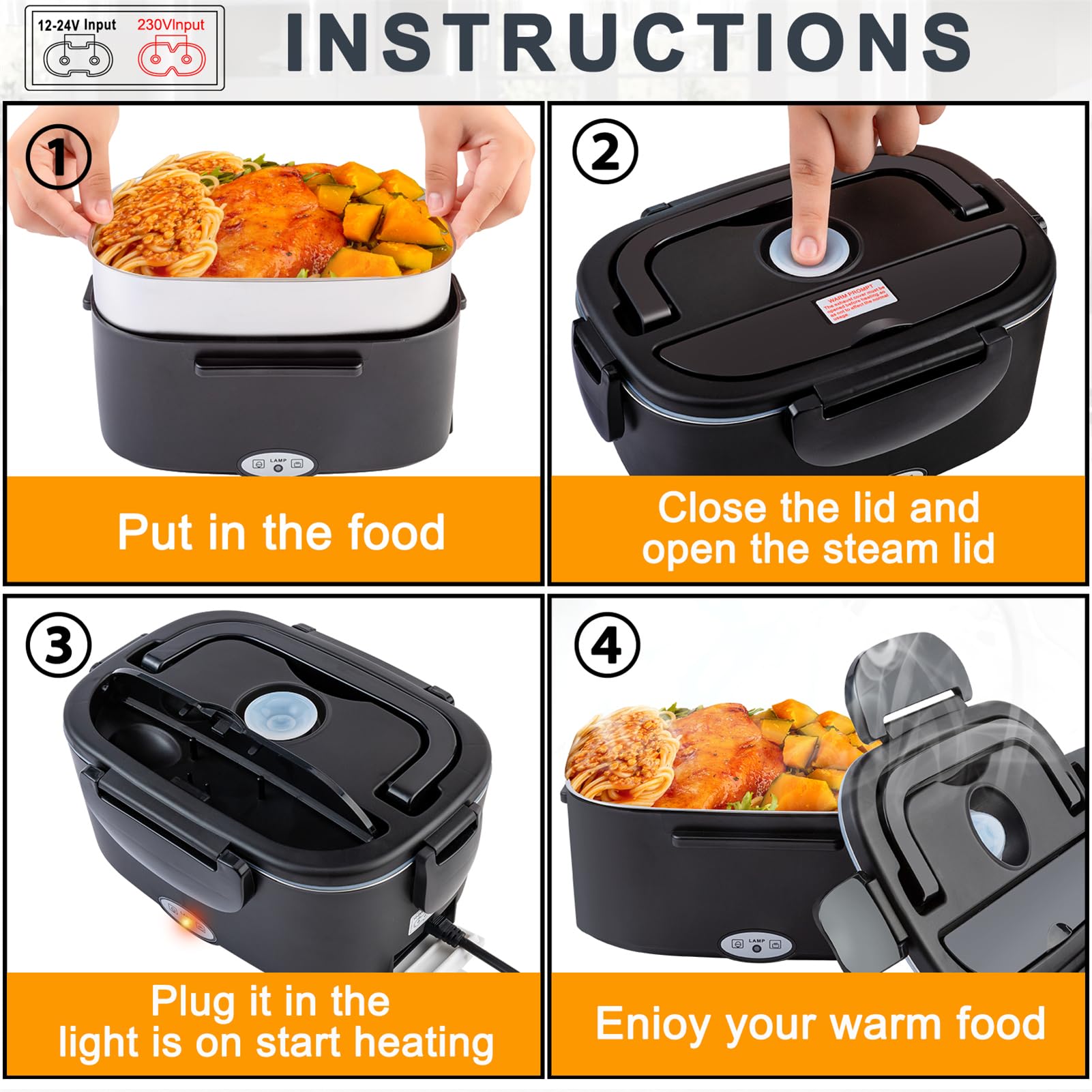 Nifogo Gamelle Chauffante 100W pour Voiture et Camion et Bureau Lunch Box Électrique 3 en 1 Acier Inoxidable 12V 24V et 230V - Boîte à Repas 1,5Lx2 avec Gris Sacs Isolants(Noir)