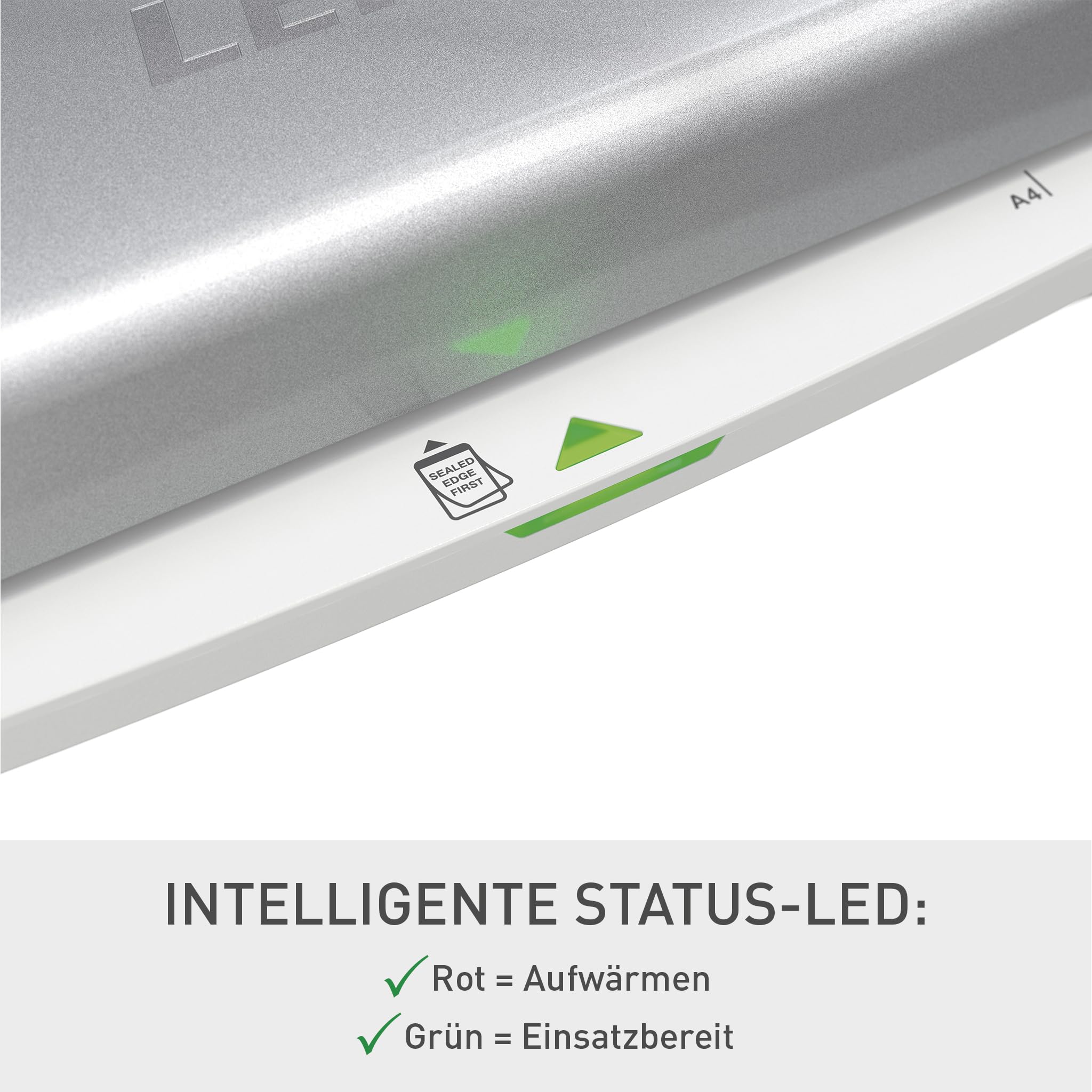Leitz iLAM A4 Laminiergerät, sehr kurze Aufwärmzeit von 2 Min, 75-125 mic, Smart LED Status, Anti-Stau, Auto-Abschaltung, inkl 5x A4-Laminierfolien, Für Home Office und Büro, Silber und Weiß, 73680089