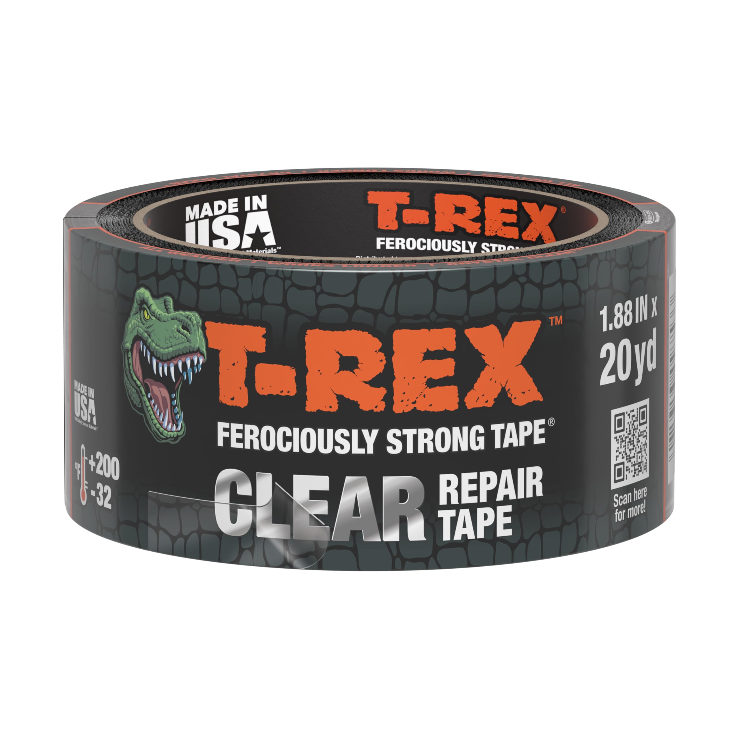 T-Rex Ferociously Strong Clear Repair Tape - Tears Easily by Hand - 1.88 Inch x 20 Yard Crystal Clear Tape for Discreet Fixes - All Weather & UV