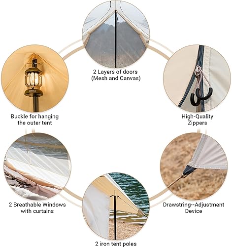 Miniatura 5 de KingCamp Tienda de campaña de lona para 6 a 8 personas para camping, resistente al viento y al viento, con grandes ventanas de malla, fácil