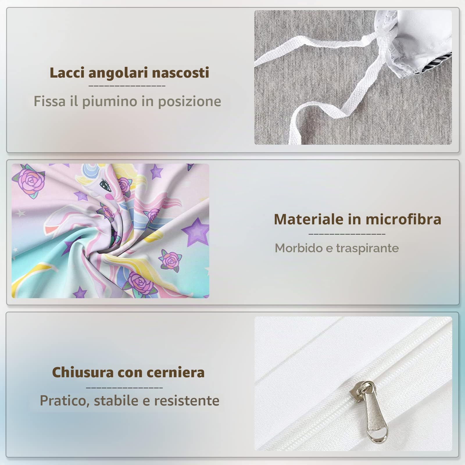 Set di Biancheria da Letto per Bambini, in Microfibra, con Motivo a Unicorno, con Stampa 3D, 3 Pezzi, con Chiusura a Strappo, Morbido per Ragazze (I, 135x200cm)