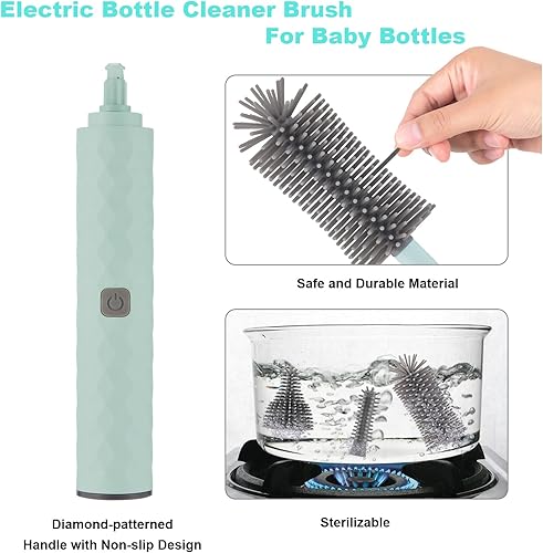 Miniatura 4 de Juego de limpiador eléctrico recargable para botellas con limpiador de cepillo de silicona de 3 piezas para biberones y cepillo limpiador de