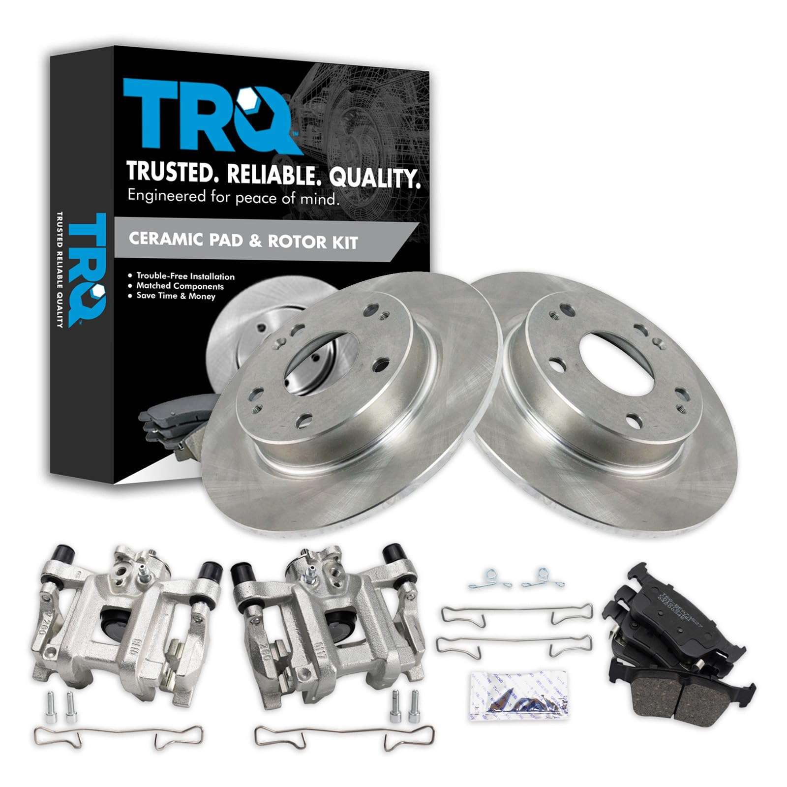 TRQ Rear Brake Pad and Rotor Set Ceramic Solid Rotors Calipers