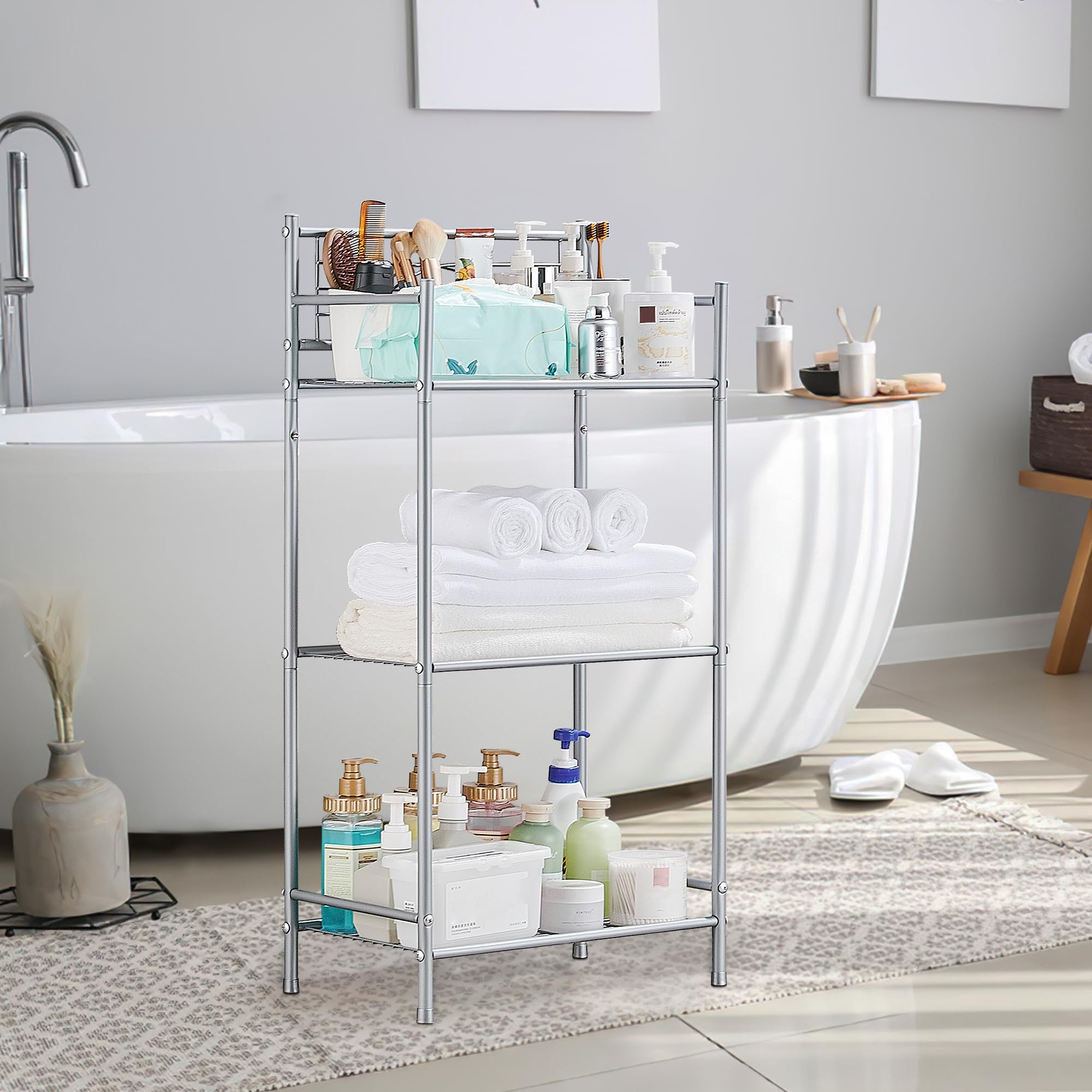 Scaffale Bagno Organizzatore di Scaffali in Metallo 3 Ripiani Scaffale Cucina Salvaspazio Portasciugamani da Terra per Bagno, Cucina, Soggiorno Grigio