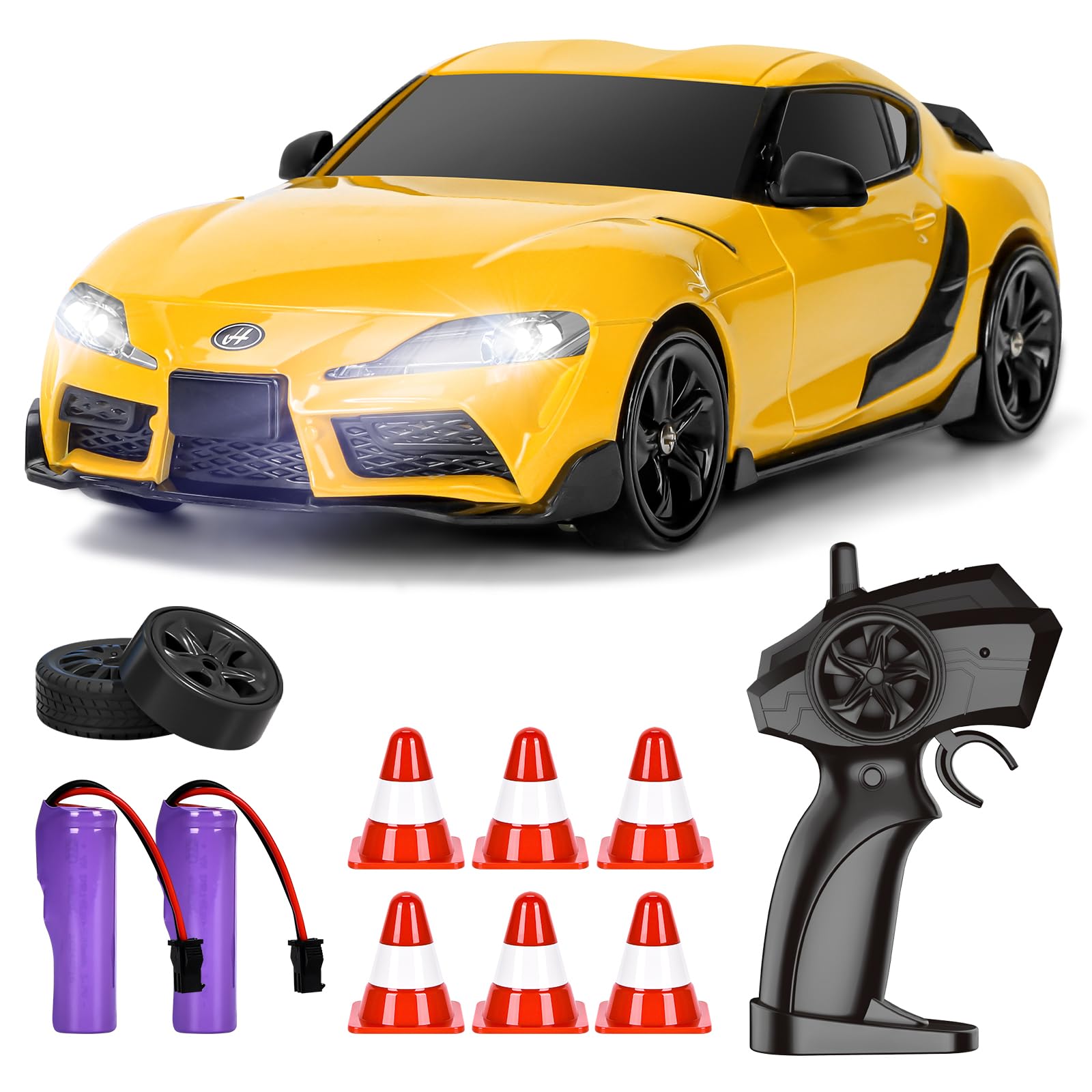 BuzzoXerex RC Drift Car, Mini Macchina Telecomandata Drift, 1/24 4WD Auto Telecomandata con Luce LED, 18km/h, Auto Giocattolo per Adulti e Bambini di Età Superiore agli 6 Anni (Giallo)