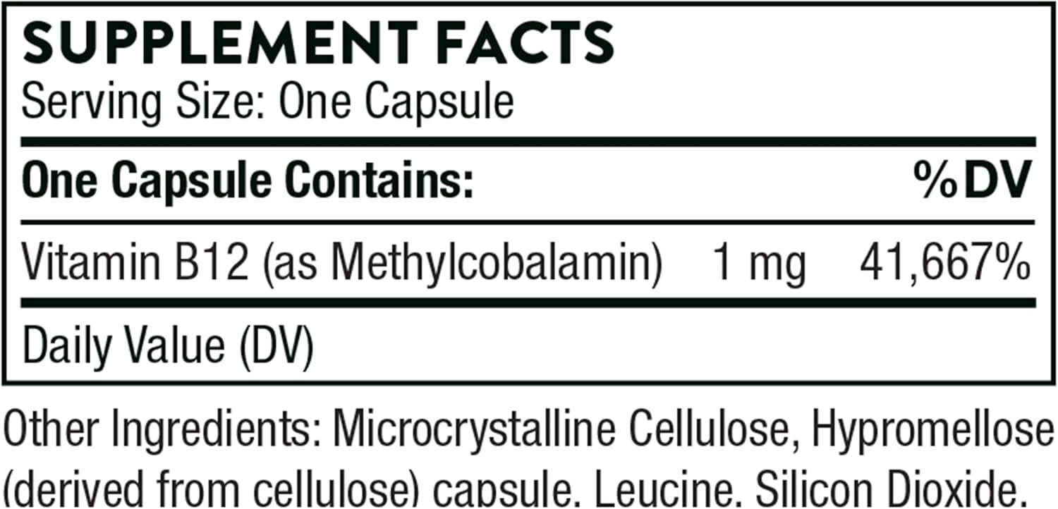 Thorne Vitamin B12 - as Methylcobalamin - Supports Heart and Nerve Health, Blood Cell Function, Healthy Sleep, and Methylation - Gluten-Free, Soy-Free, Dairy-Free - 60 Capsules : Health & Household