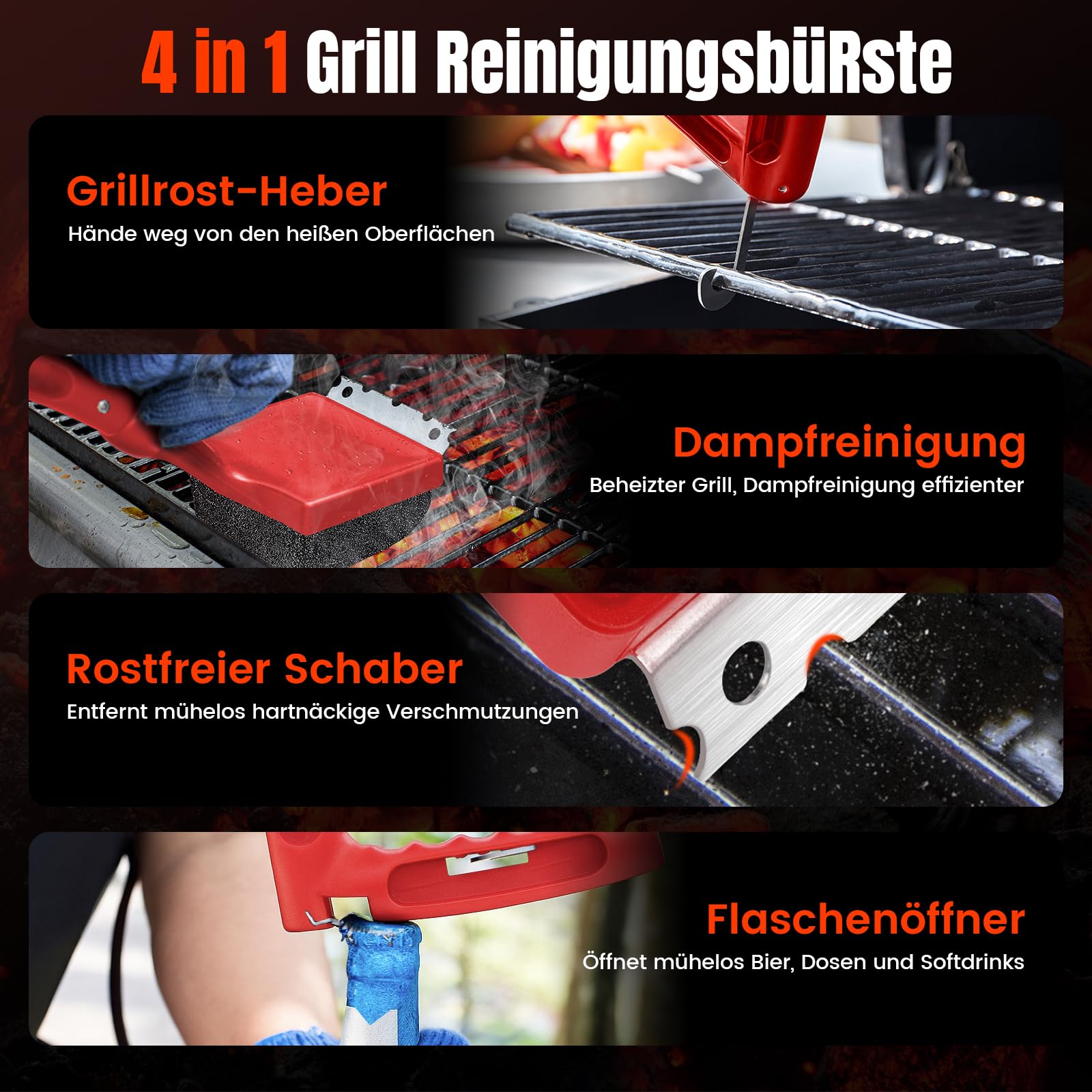 Grillbürste ohne Metallborsten, ANJUKE 4-in-1 Sichere Dampf-Grillbürste für Gussrost mit Edelstahl Spatel und Austauschbar Grillbürstenkopf, für Gasgrill, Holzkohlegrill, Kugelgrill（Rot）