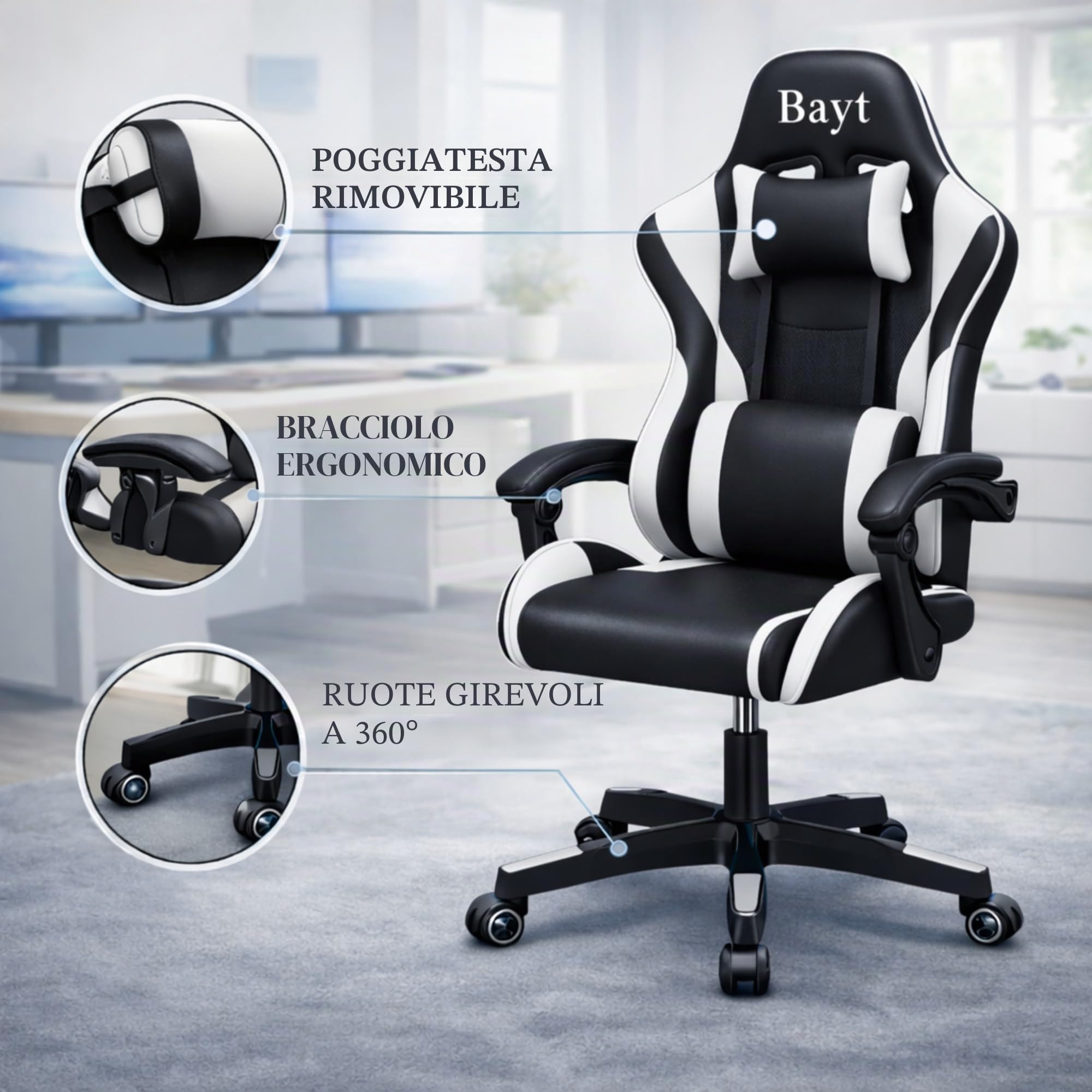 Bayt Sedia Gaming - Sedia Scrivania Ufficio Reclinable in Similpelle, Poltrona PC Racing con Supporto Lombare e Poggiatesta, Altezza Regolabile e Braccioli, Nero/Bianco
