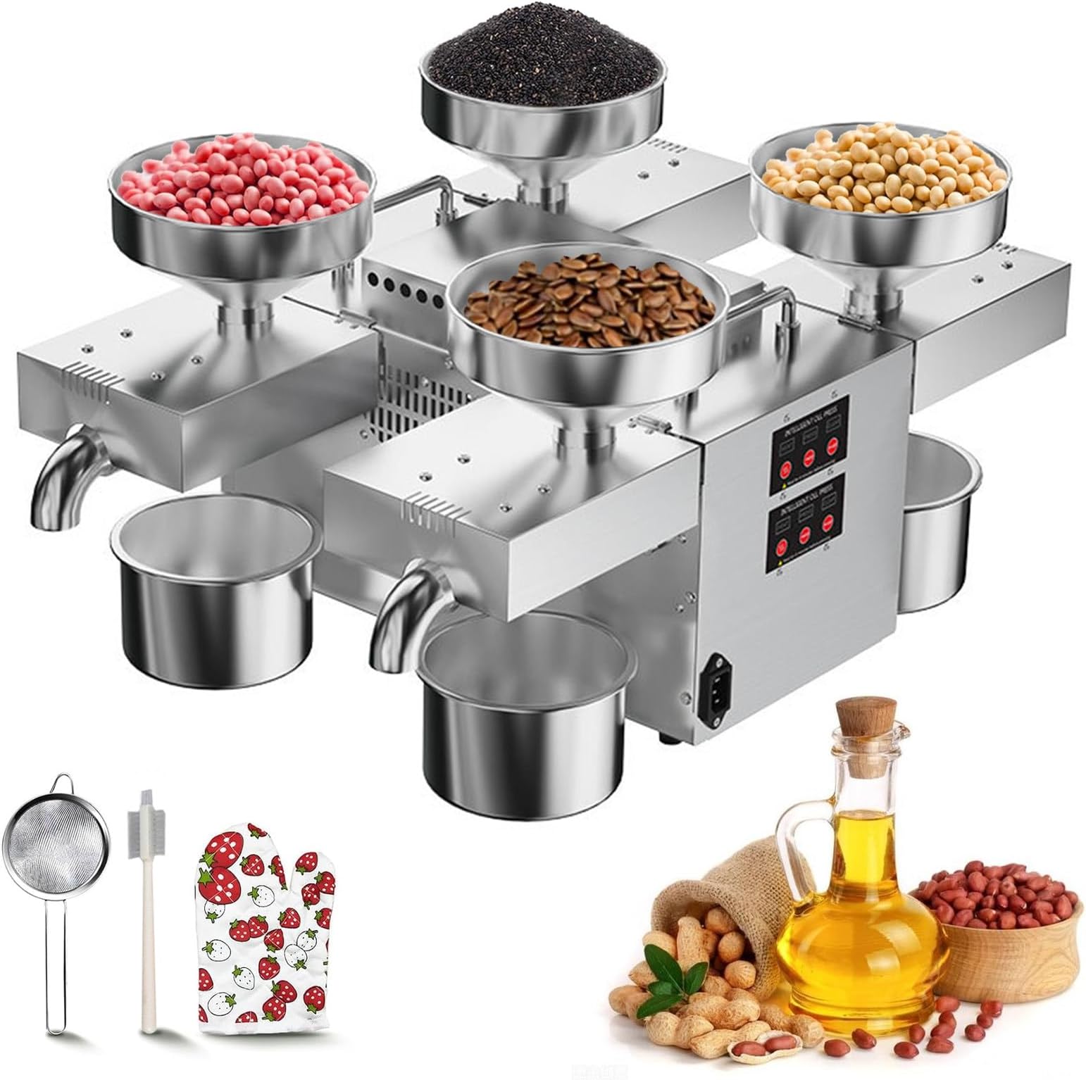 2400W Automatic Oil Press Extractor with 4 Outlets, Hot/Cold Press Oil Extractor - 95% Oil Yield, 12-25 kg/H, Support Simultaneous or Independent Work