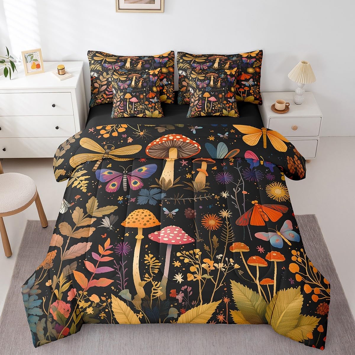 Feelyou Mushroom 7 Pieces Bedding Set Queen Size Boho Comforter Set with Sheets for Kids Boys Girls Death Moth Bed in a Bag Flowers and Plants Bed Set