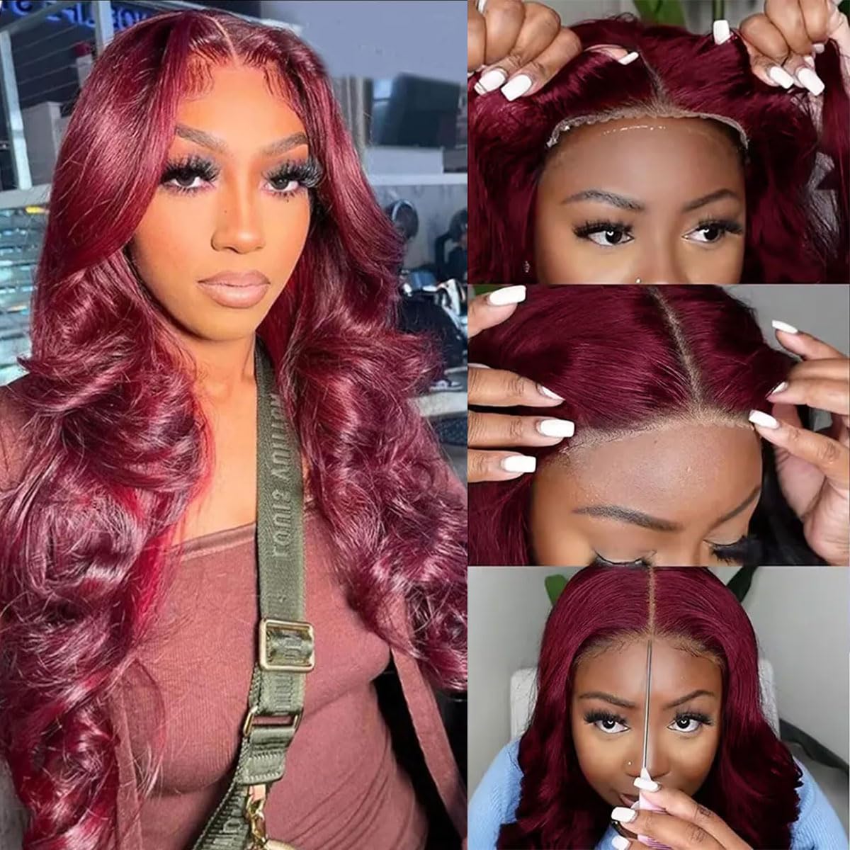 Lace Front Wig Human Hair Burgundy 5x5 HD Lace Closure Wigs Body Wave Human Hair Wig Wear and Go Glueless Wigs Pre Plucked Pre Cut HD 99J Burgundy Glueless Wigs 180% Density No Glue 18 Inch