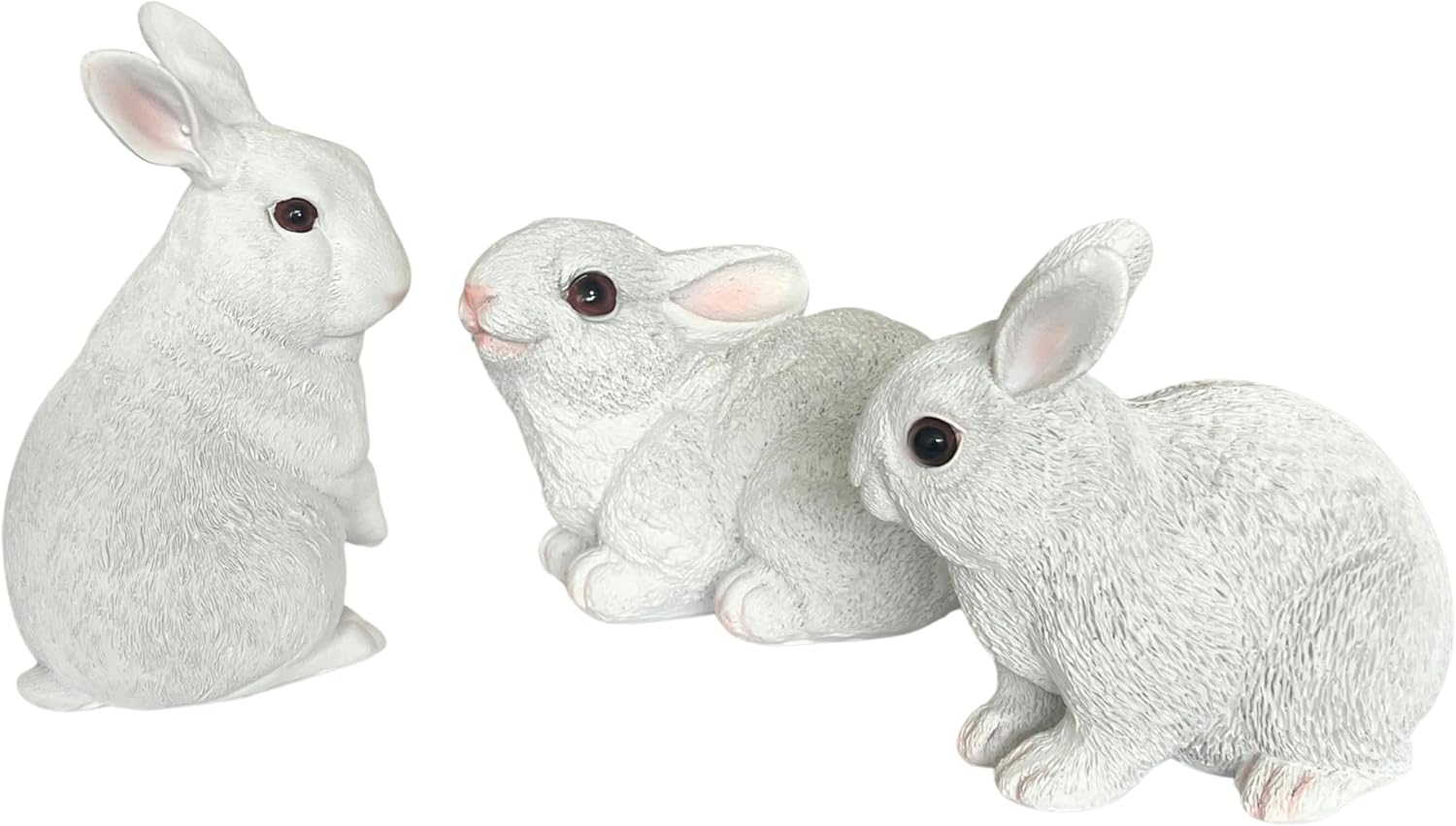 Bellaa 24698 White Rabbit Statues, Cute Bunny, Animal Sculpture, Nature in Garden Patio Yard, Set of 3, Large 7.5 Inch Each